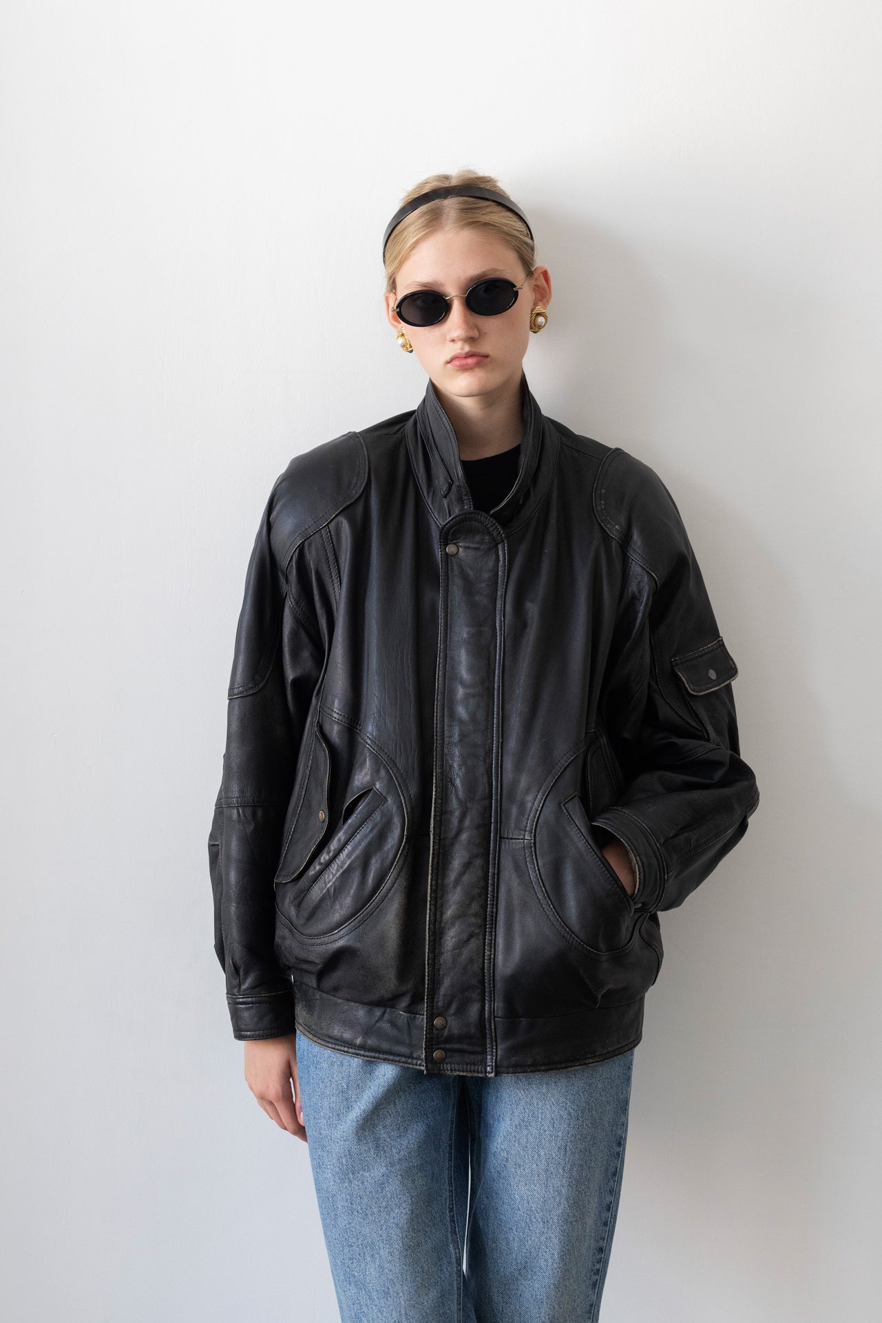 Vintage Black Leather Bomber Jacket