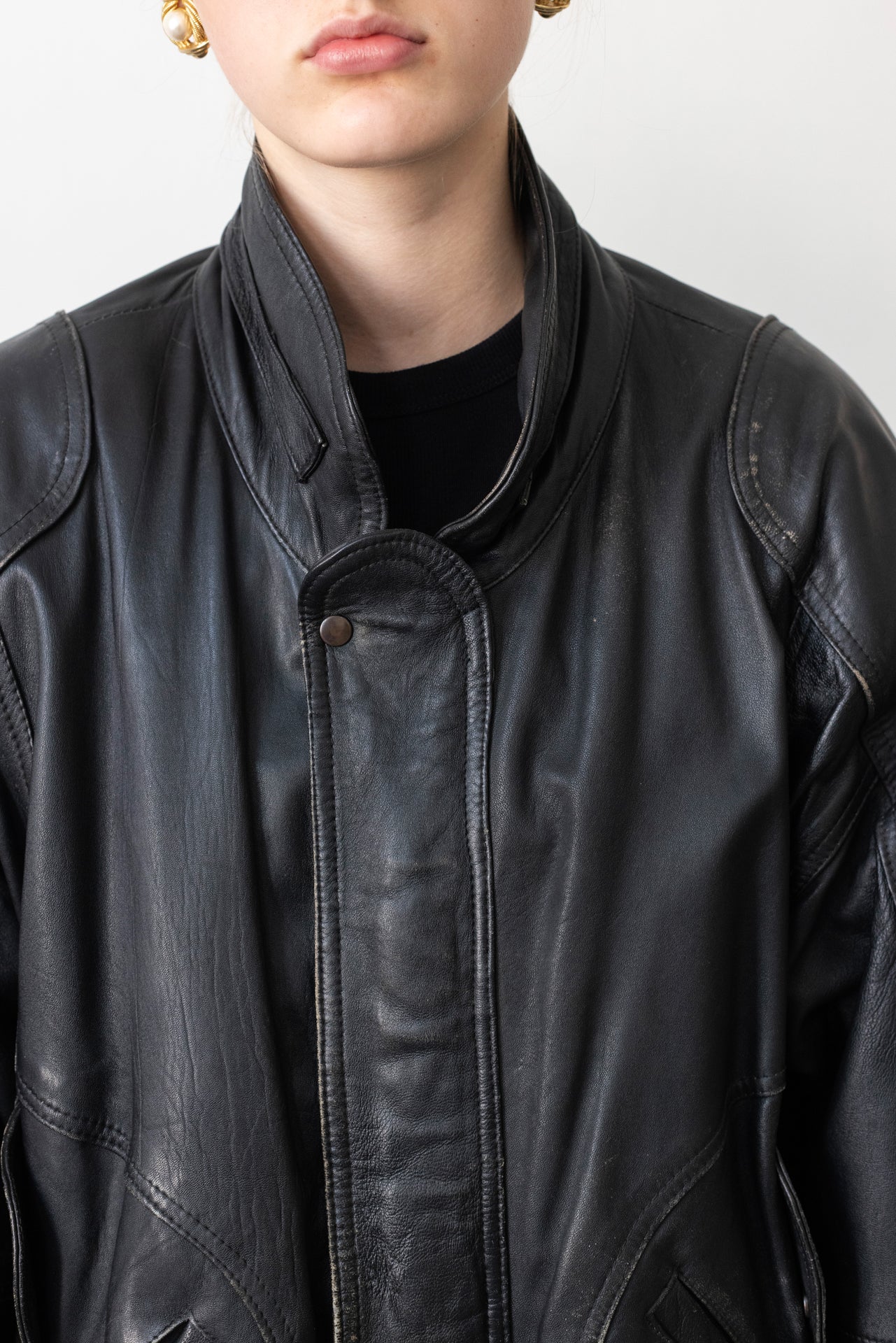 Vintage Black Leather Bomber Jacket