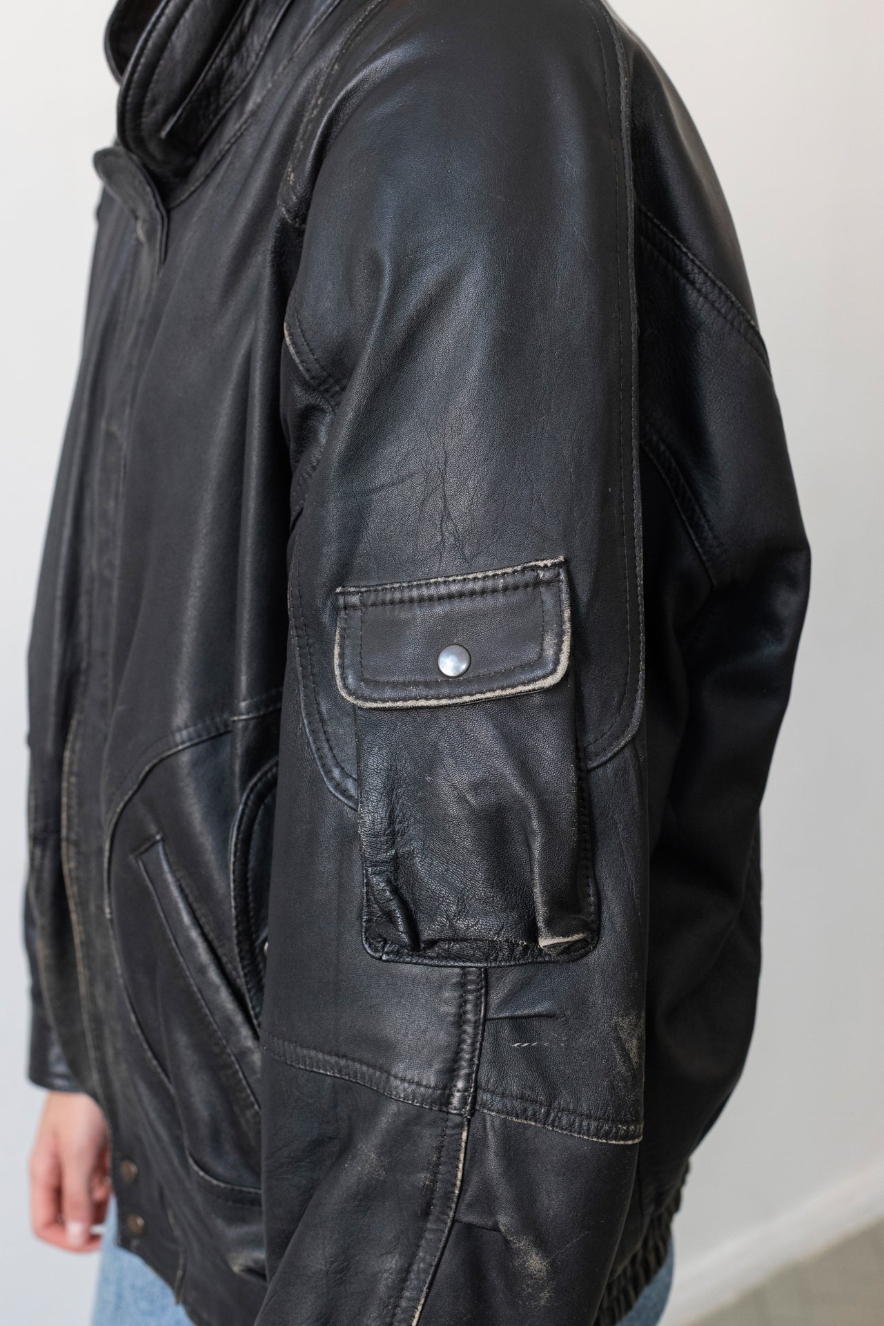 Vintage Black Leather Bomber Jacket