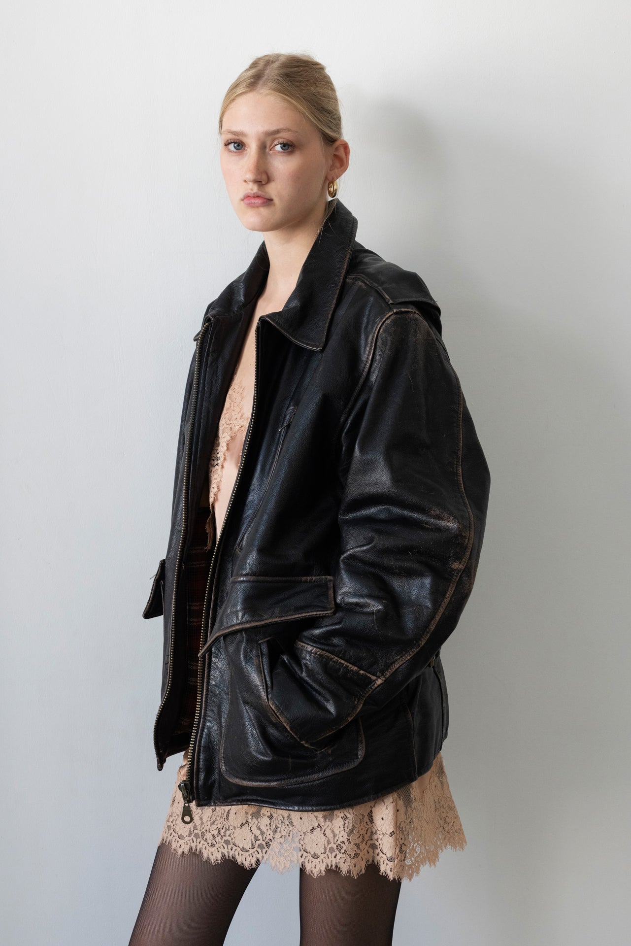 Vintage Oversized Distressed Brown Leather Jacket