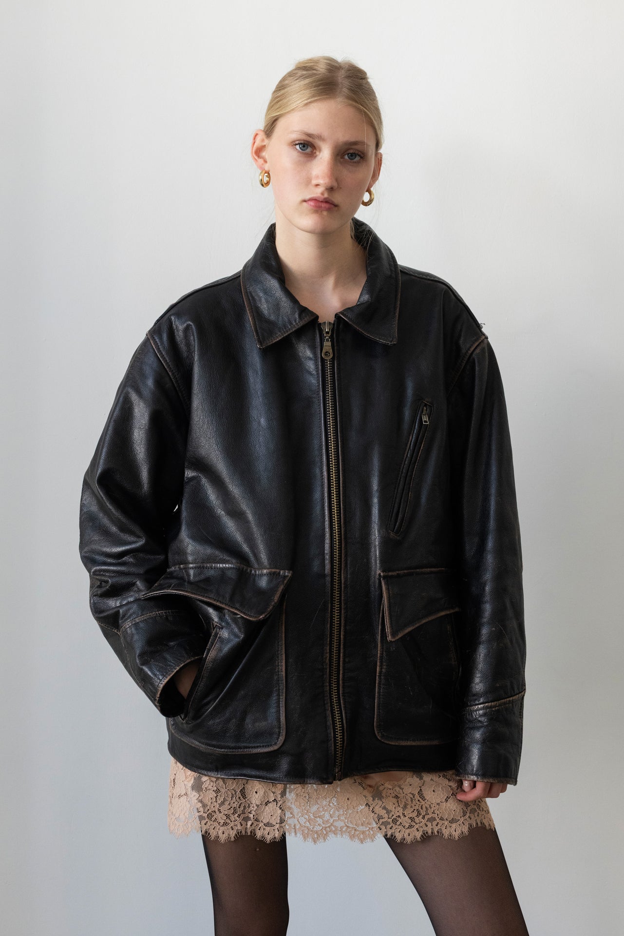 Vintage Oversized Distressed Brown Leather Jacket