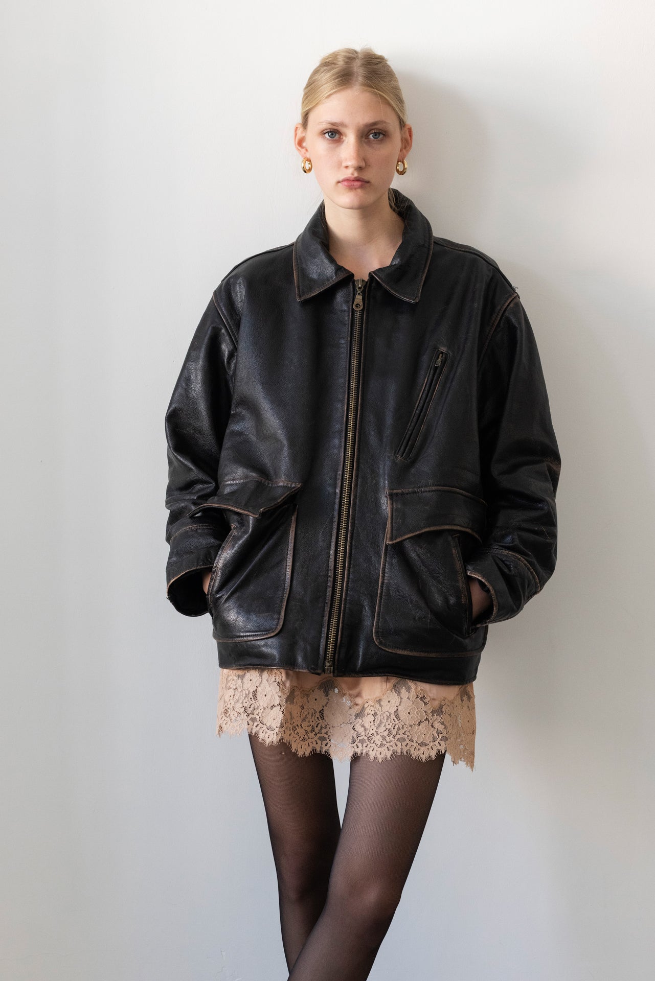 Vintage Oversized Distressed Brown Leather Jacket