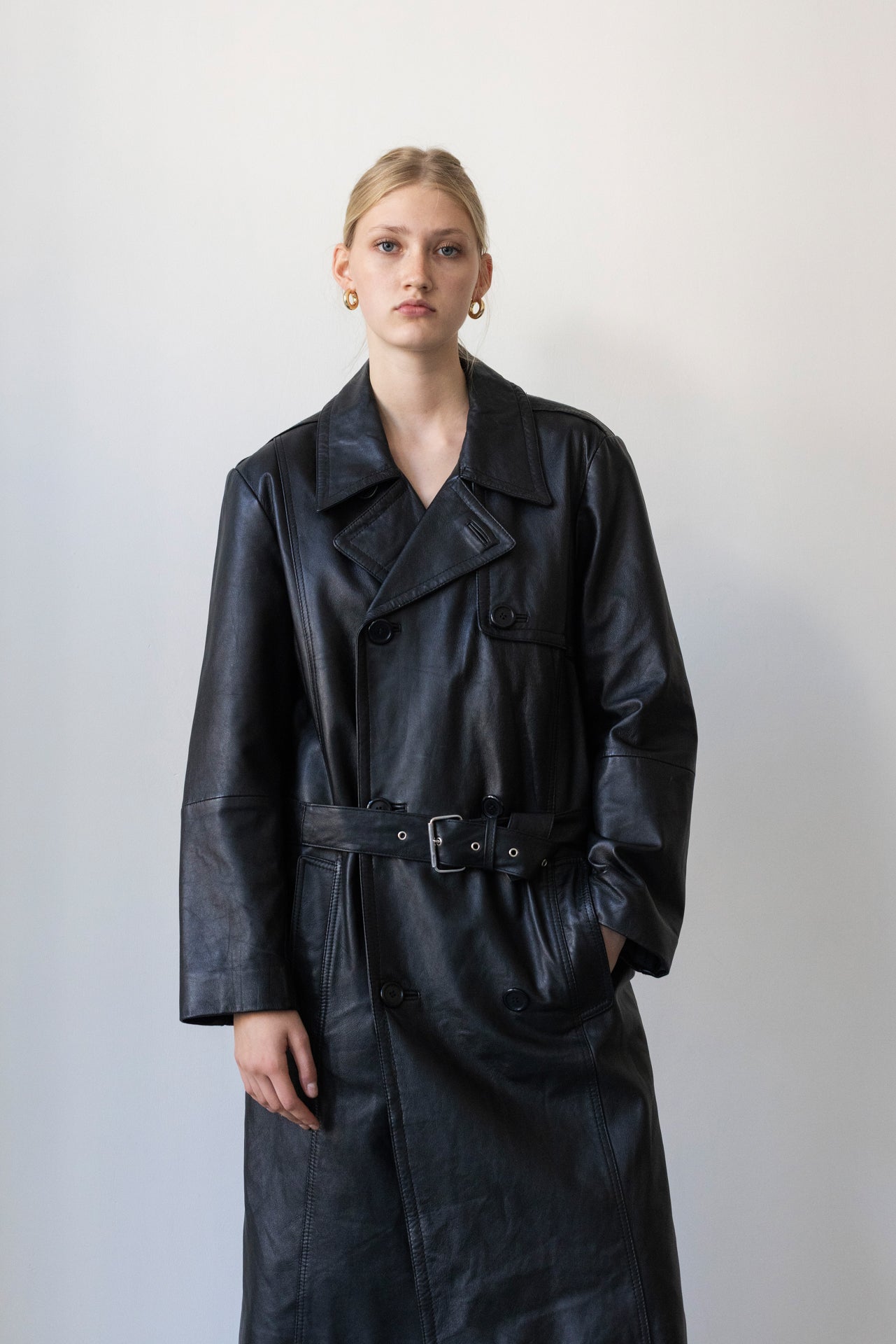 Vintage Black Leather Trench Coat