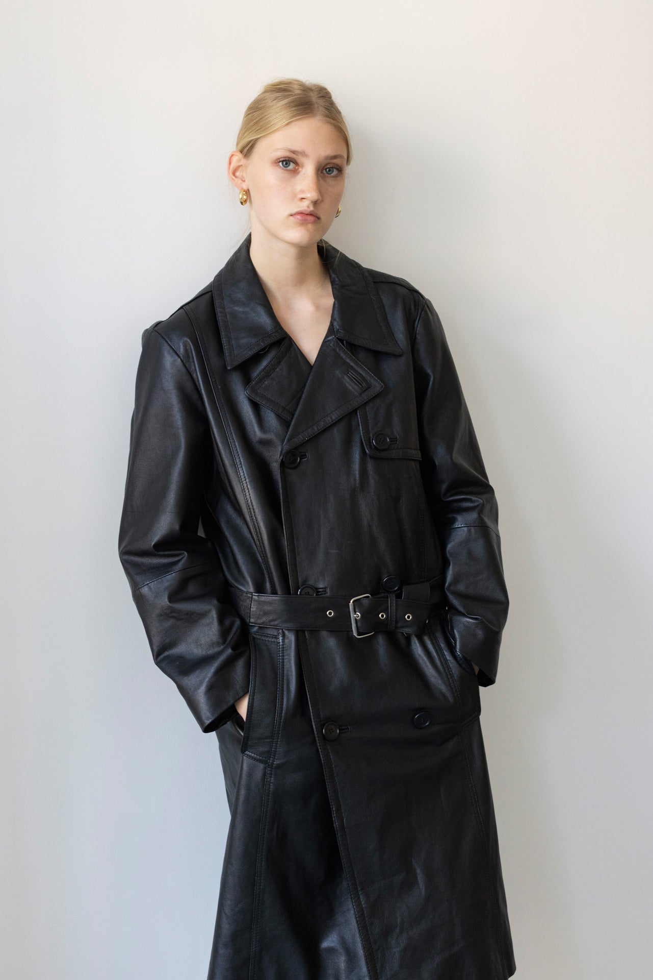 Vintage Black Leather Trench Coat