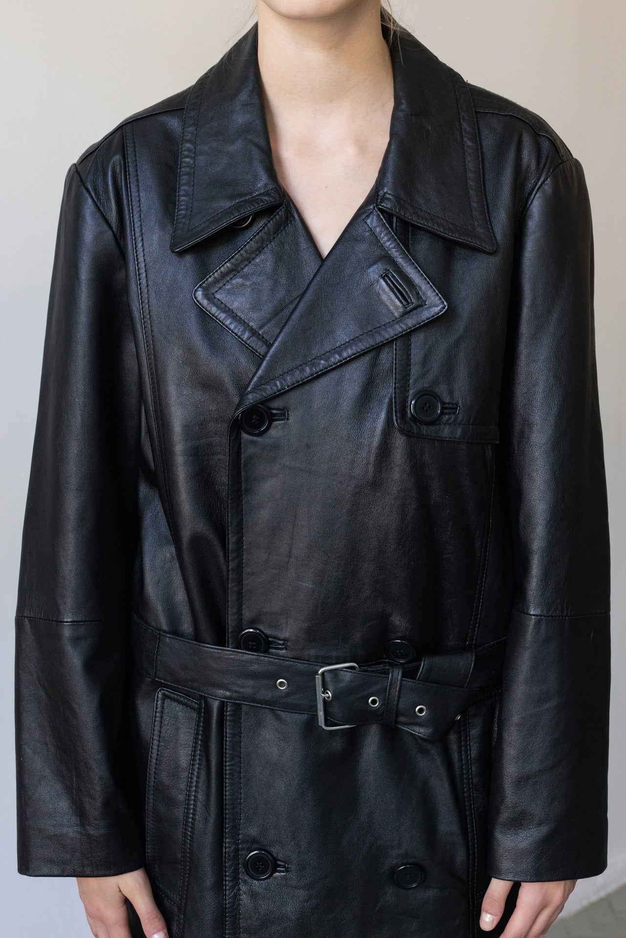 Vintage Black Leather Trench Coat