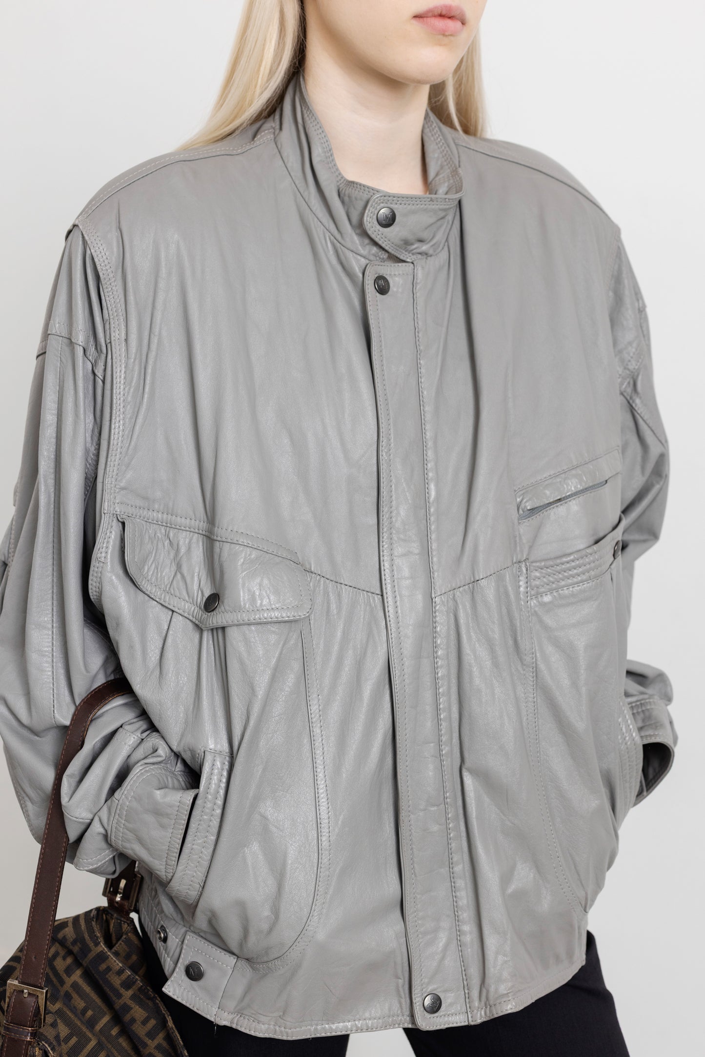 Vintage Grey Leather Bomber Jacket