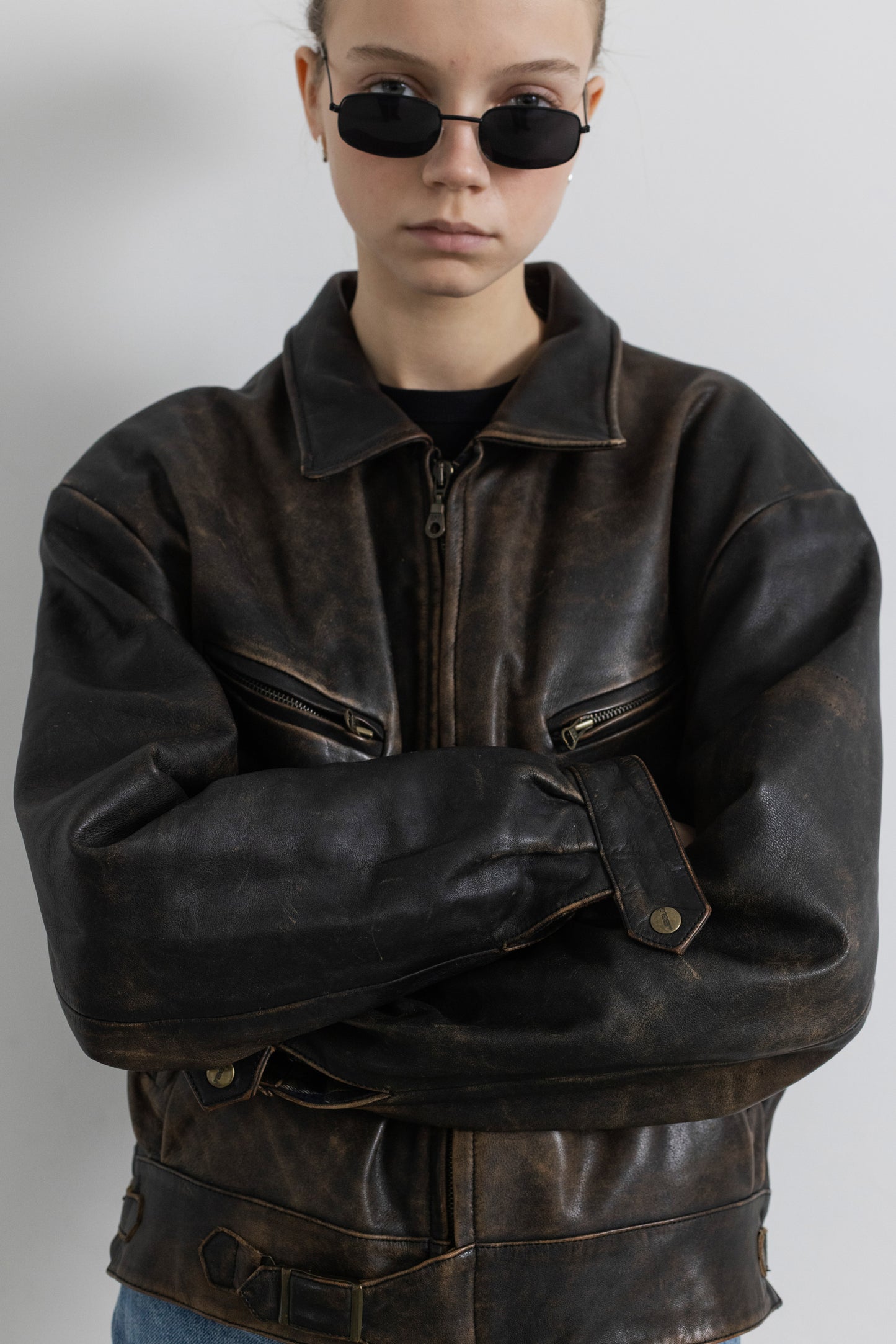 Vintage Brown Boxy Distressed Leather Jacket