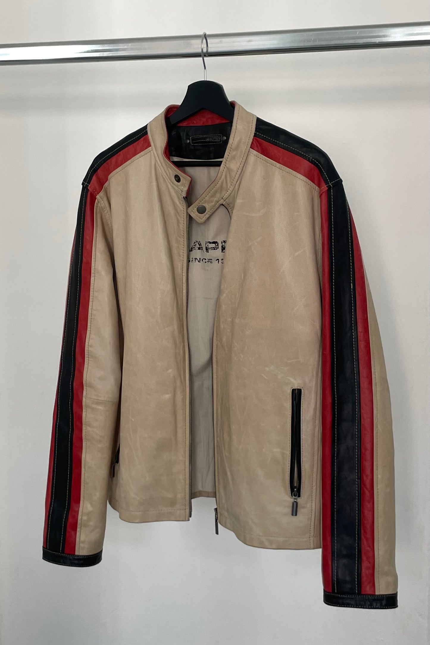 Vintage Beige Cafe Racer Leather Jacket