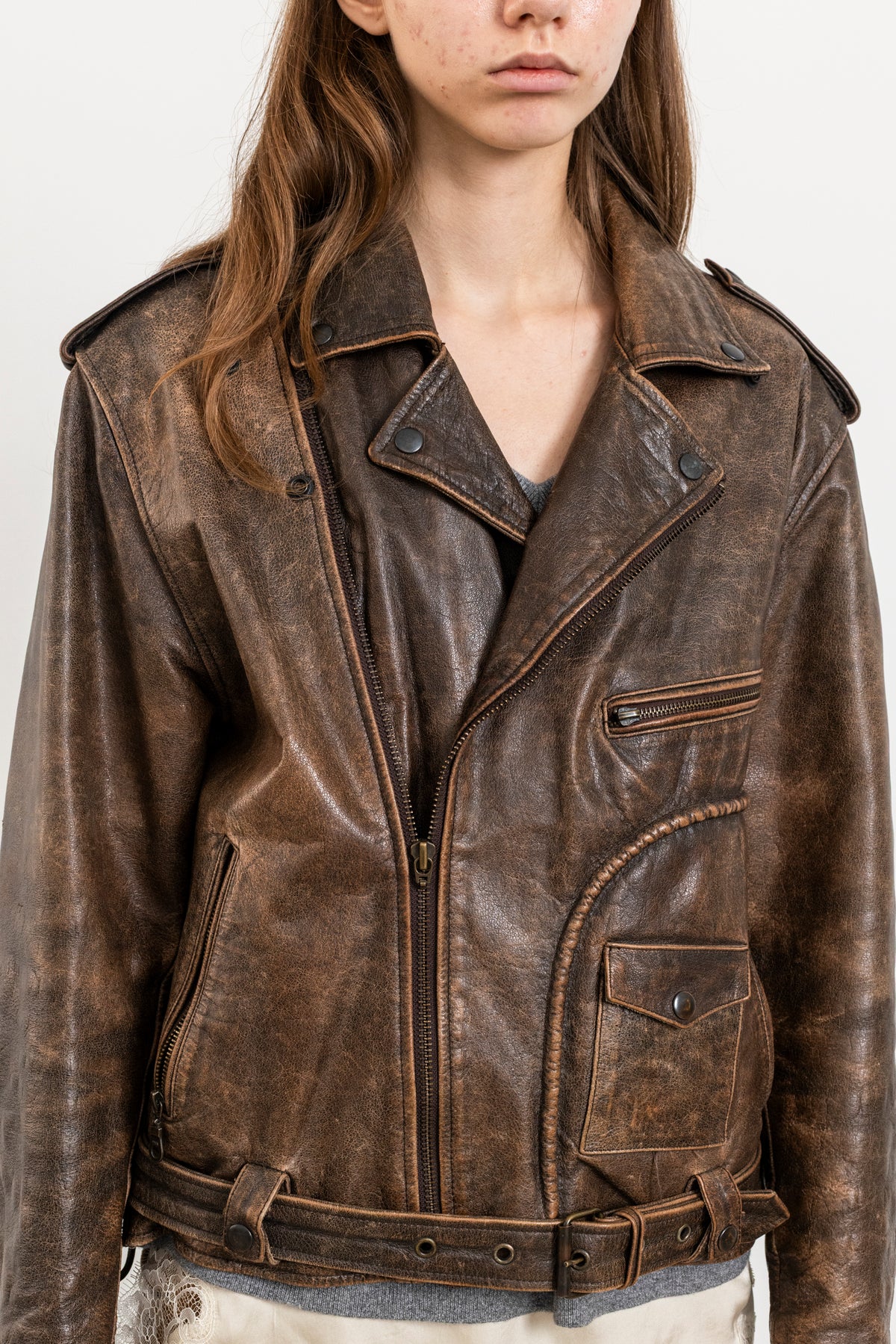 Vintage Brown Distressed Leather Biker Jacket With Side Tie Detail