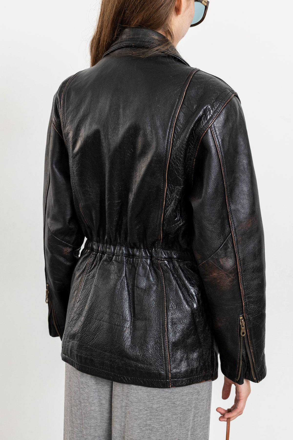 Vintage Black Leather Biker Jacket with Buckled Waist