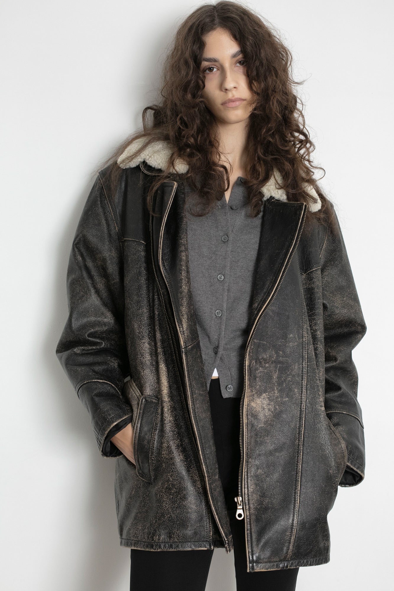 Vintage Distressed Leather Aviator Jacket