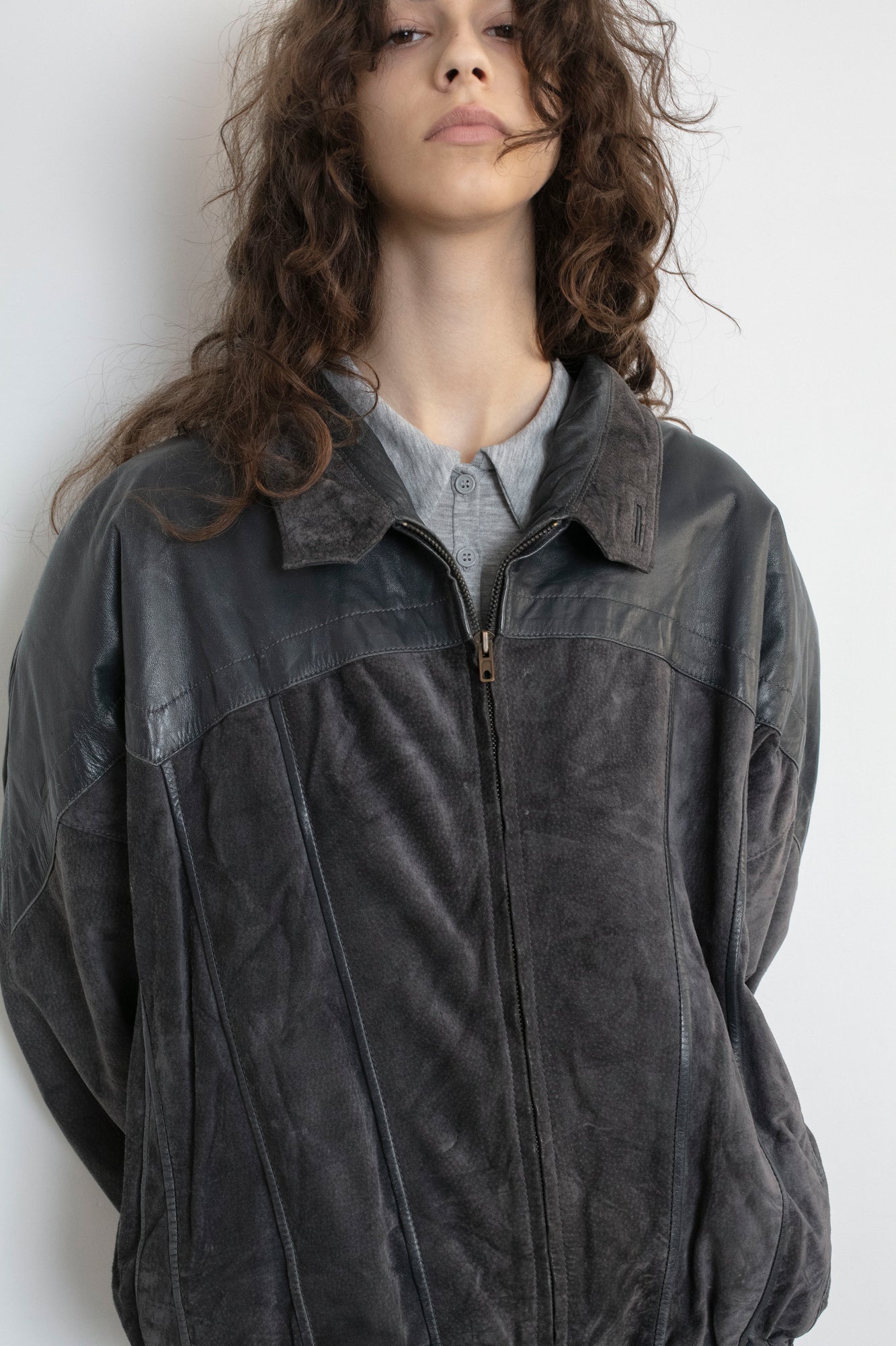 Vintage Grey Suede Leather Bomber Jacket