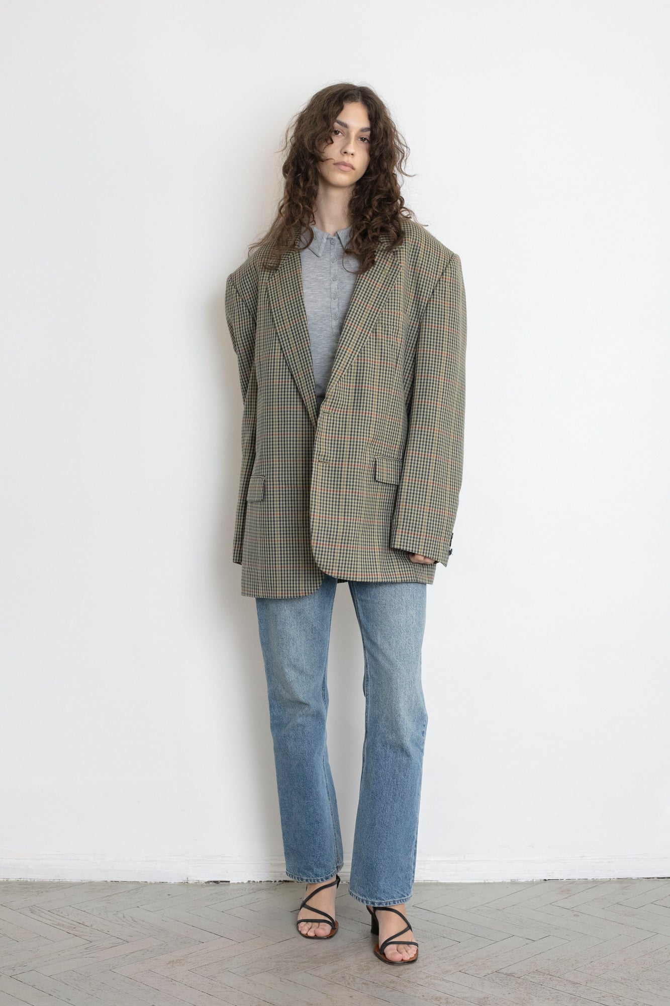 Vintage Beige Plaid Oversized Wool Blazer