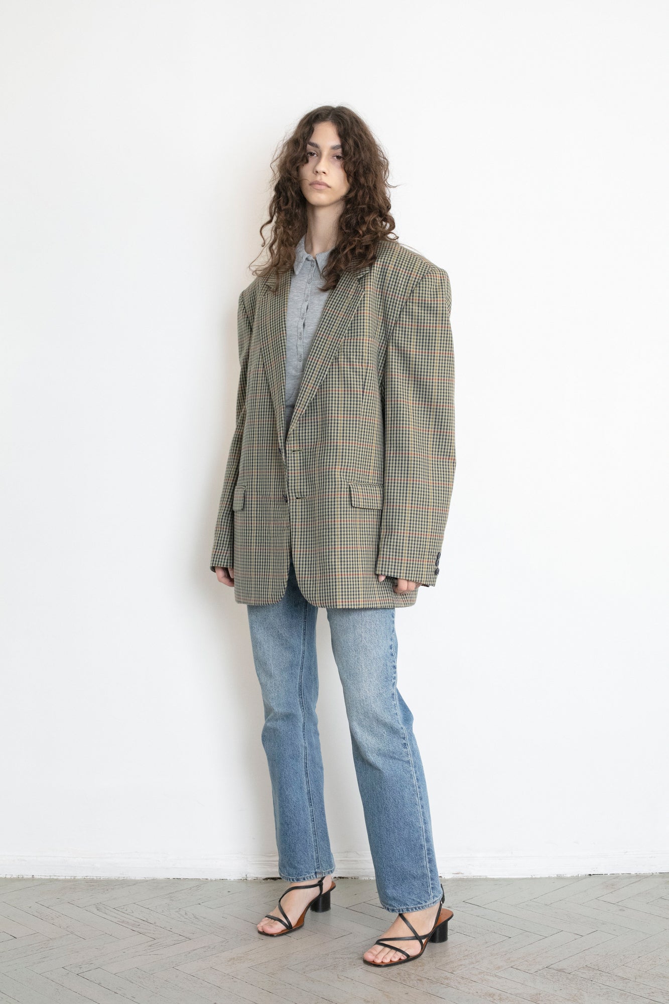 Vintage Beige Plaid Oversized Wool Blazer