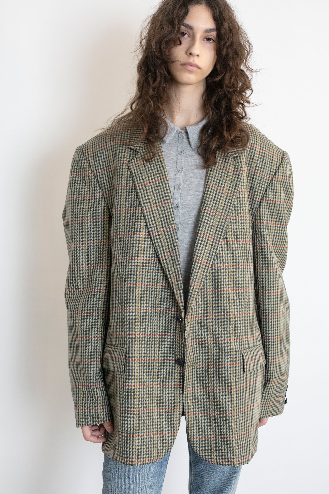 Vintage Beige Plaid Oversized Wool Blazer