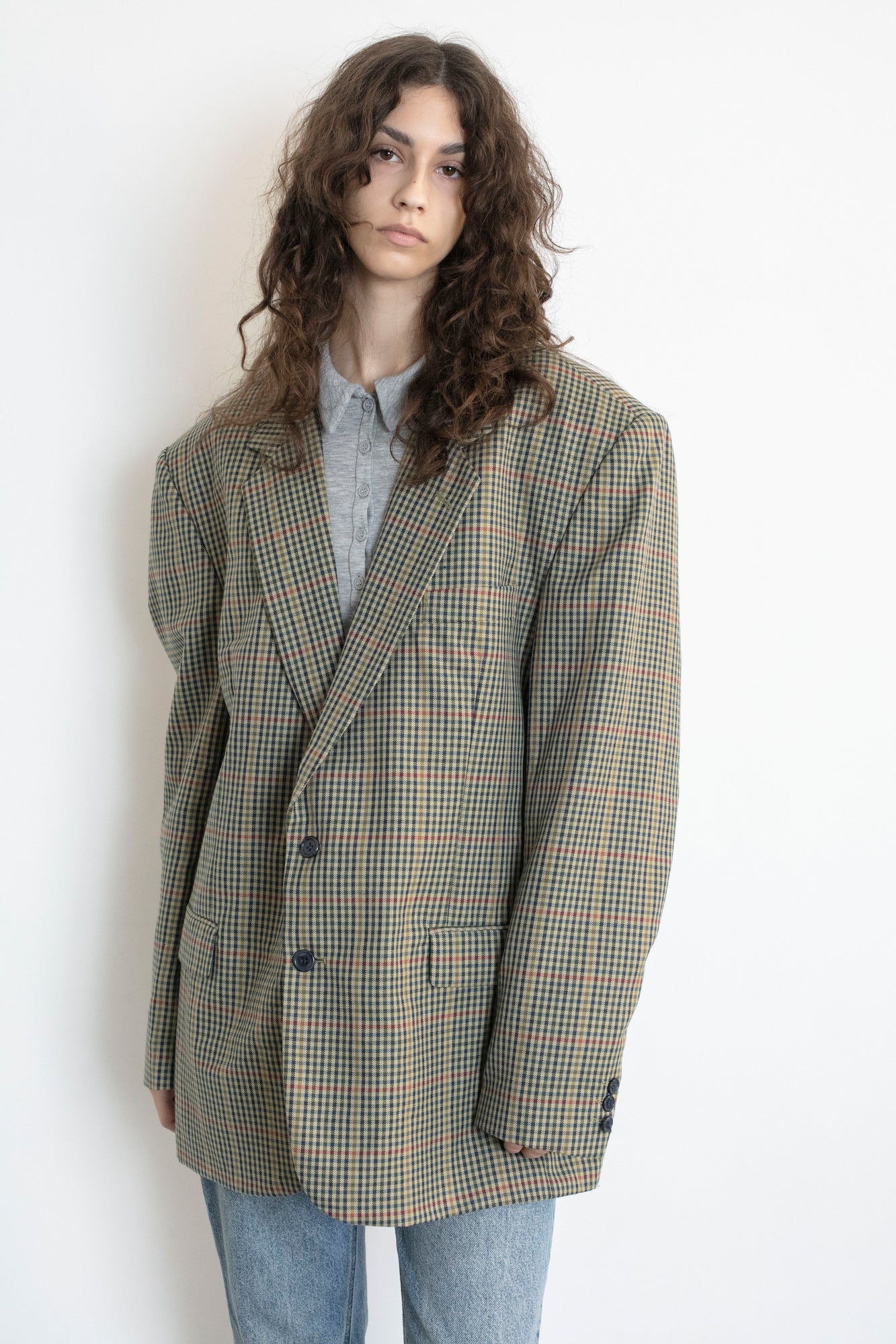 Vintage Beige Plaid Oversized Wool Blazer