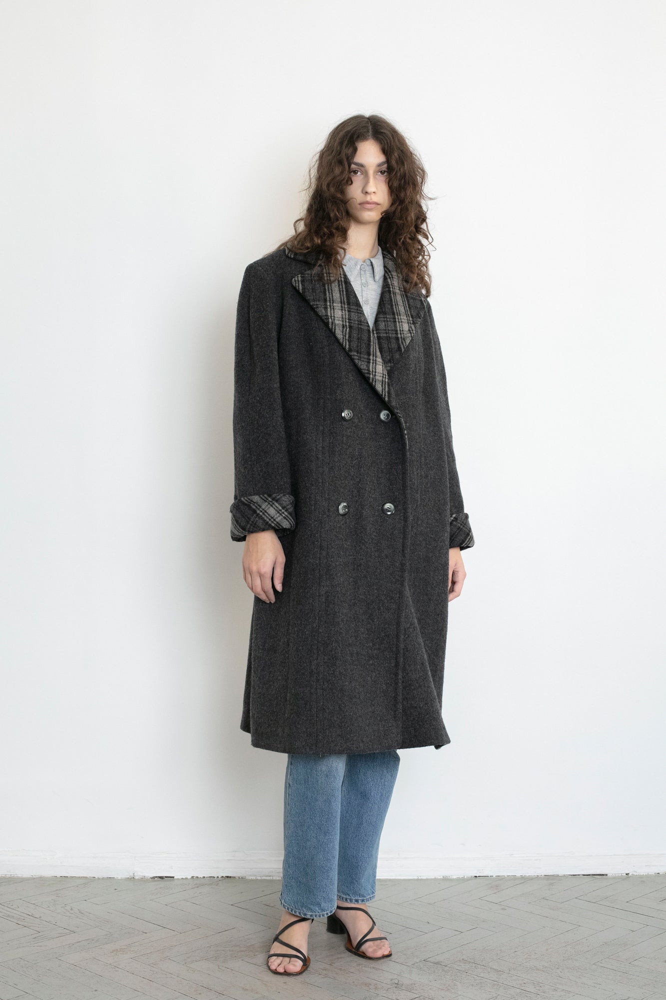 Vintage Plaid Grey Wool Coat