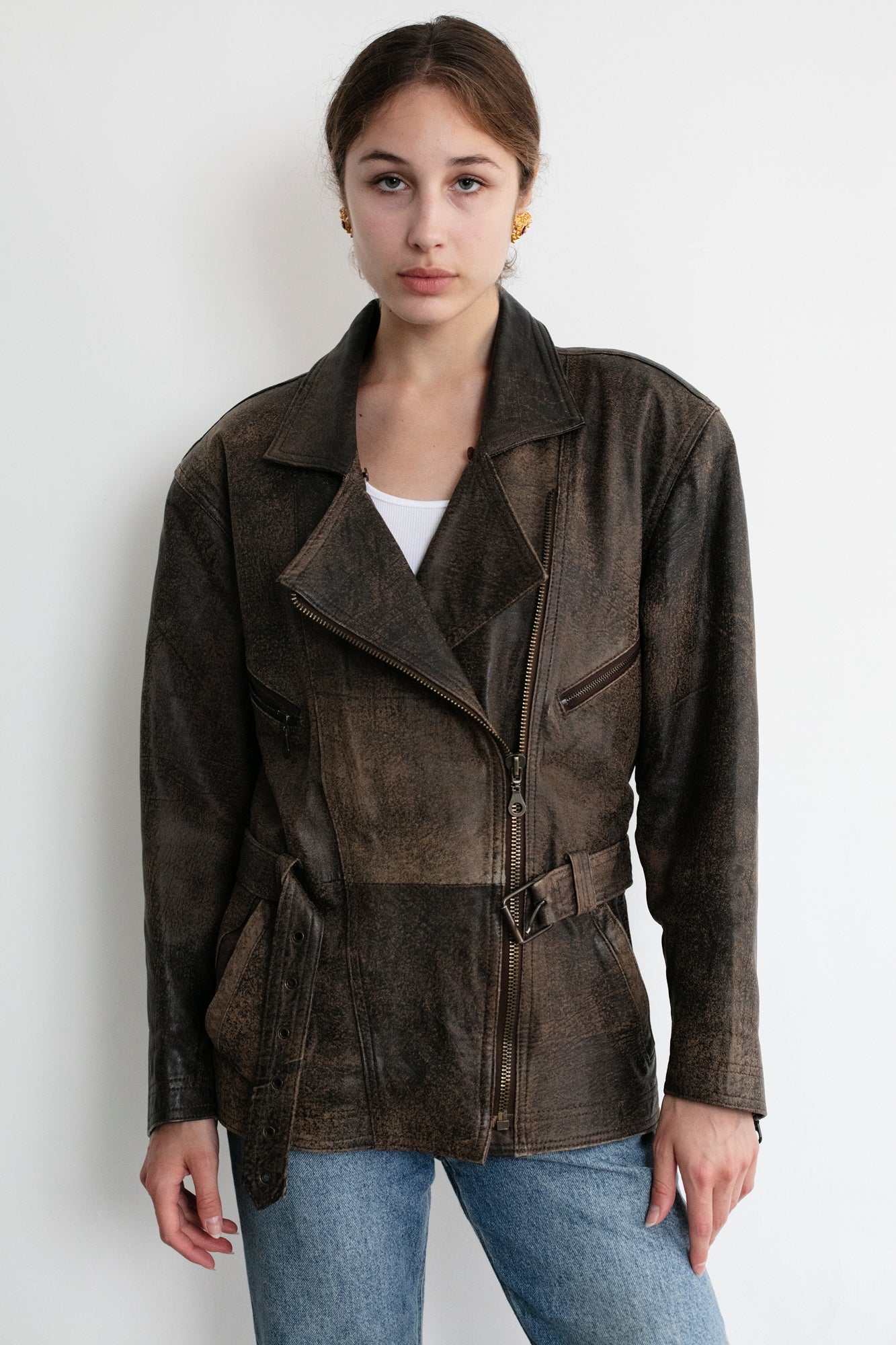 Vintage Brown Distressed Leather Biker Jacket