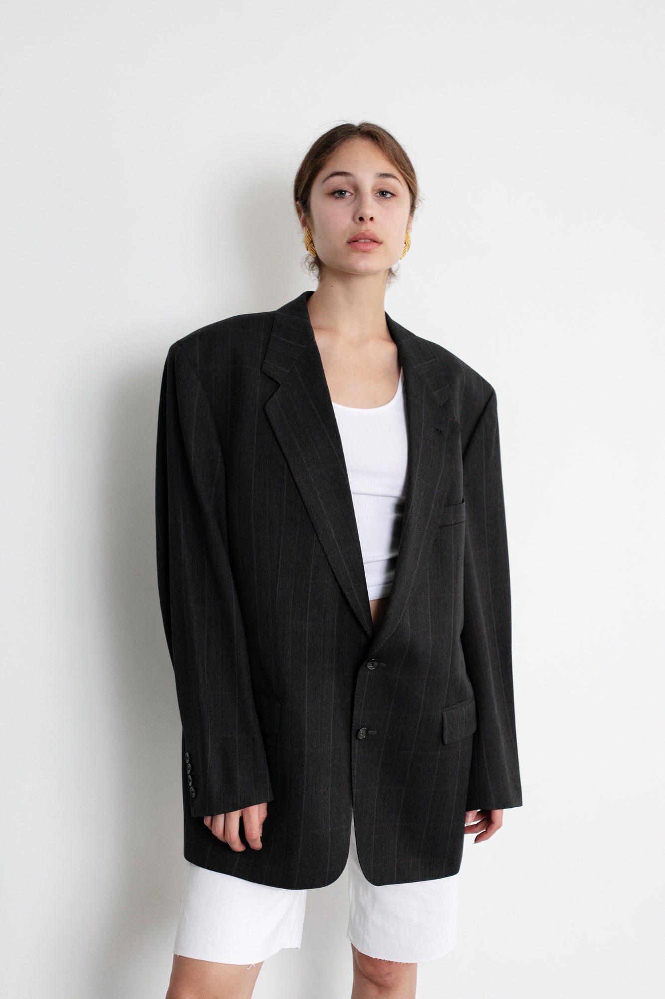 Vintage Grey Striped Oversized Wool Blazer