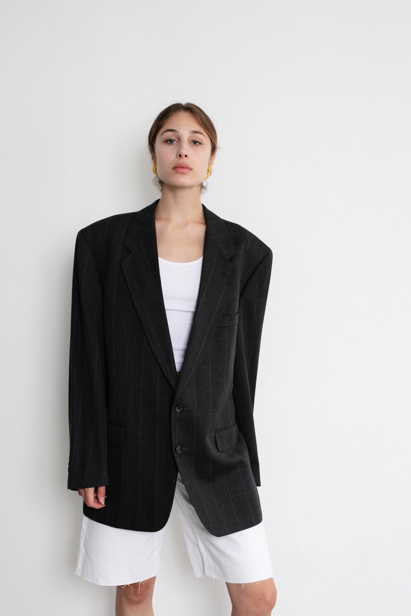 Vintage Grey Striped Oversized Wool Blazer