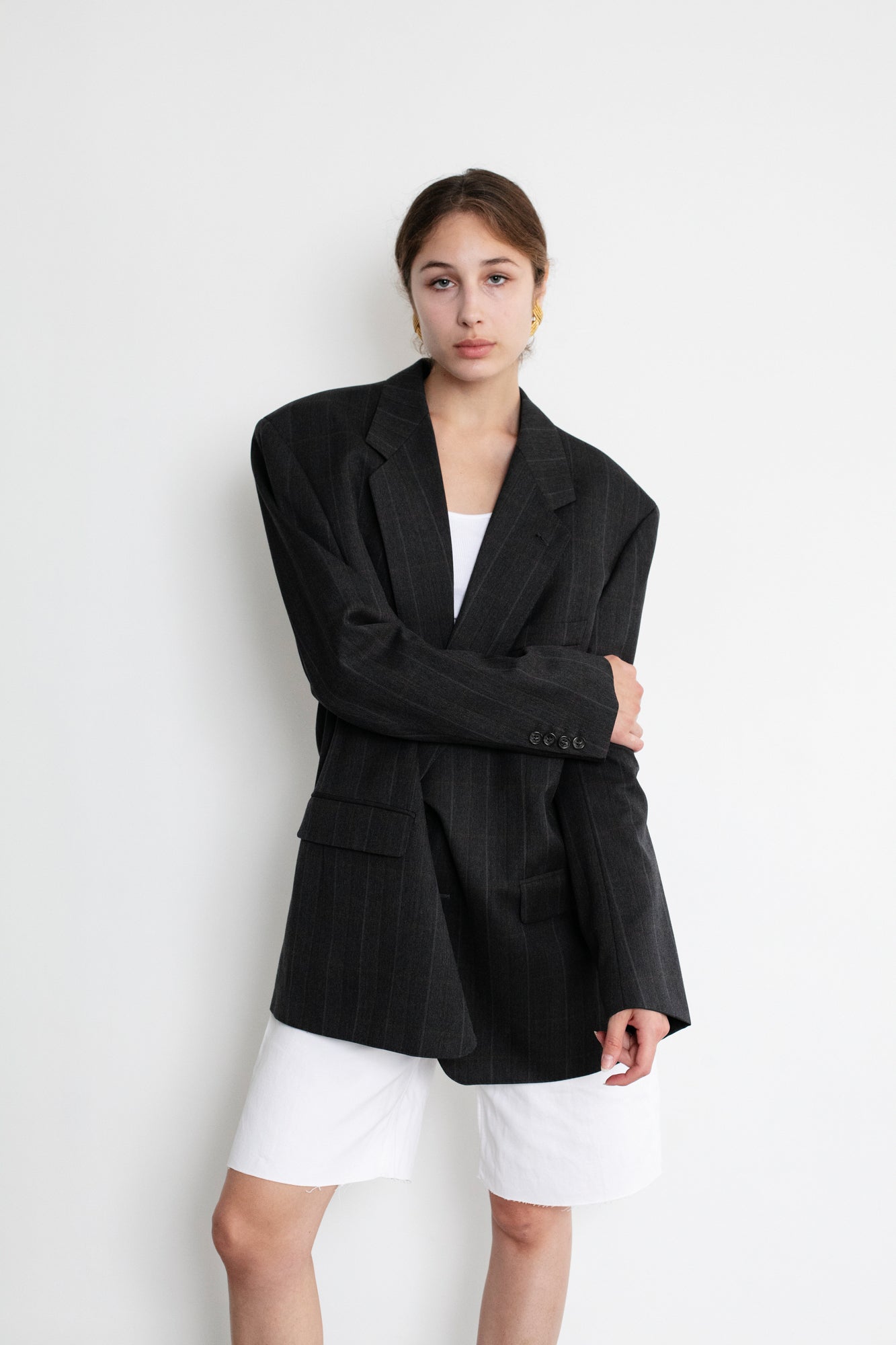 Vintage Grey Striped Oversized Wool Blazer