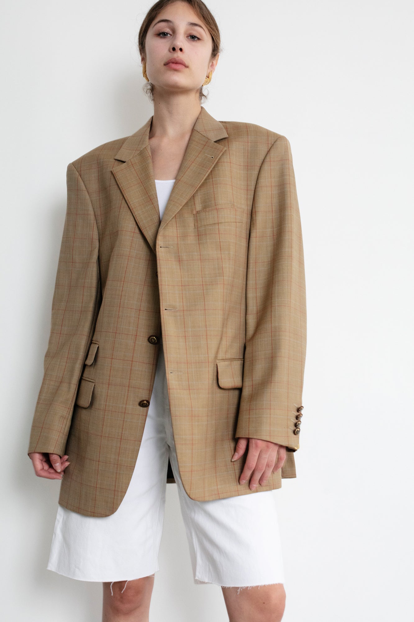 Vintage Brown Check Oversized Wool Blazer