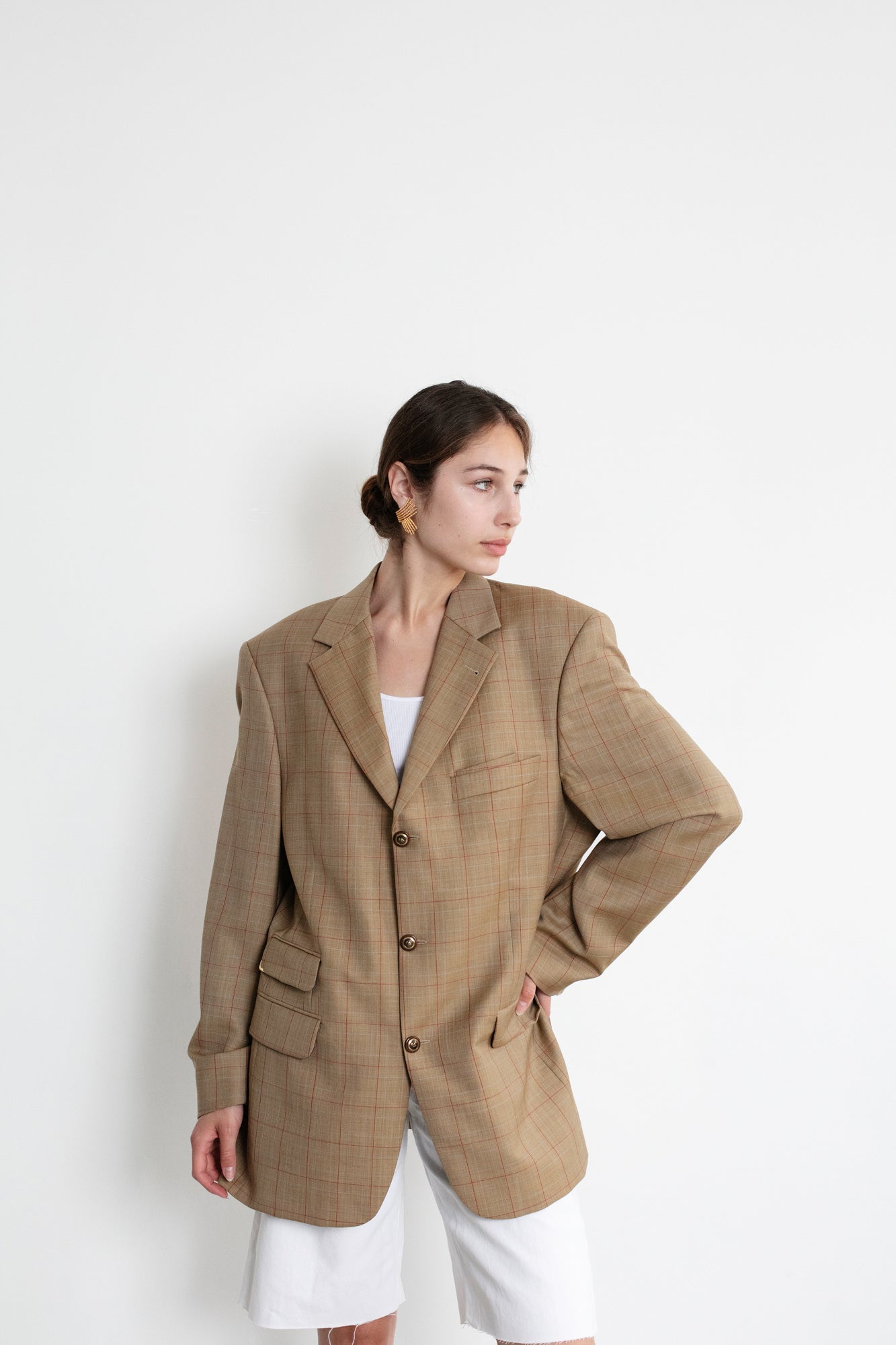 Vintage Brown Check Oversized Wool Blazer