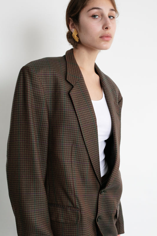 Vintage Burgundy Houndstooth Wool Blazer