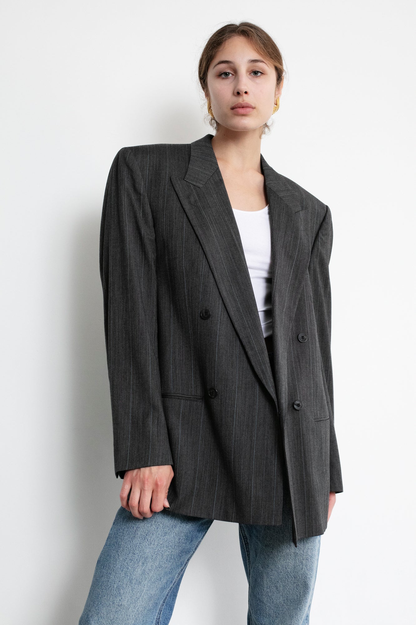 Vintage Hugo Boss Grey Striped Wool Blazer