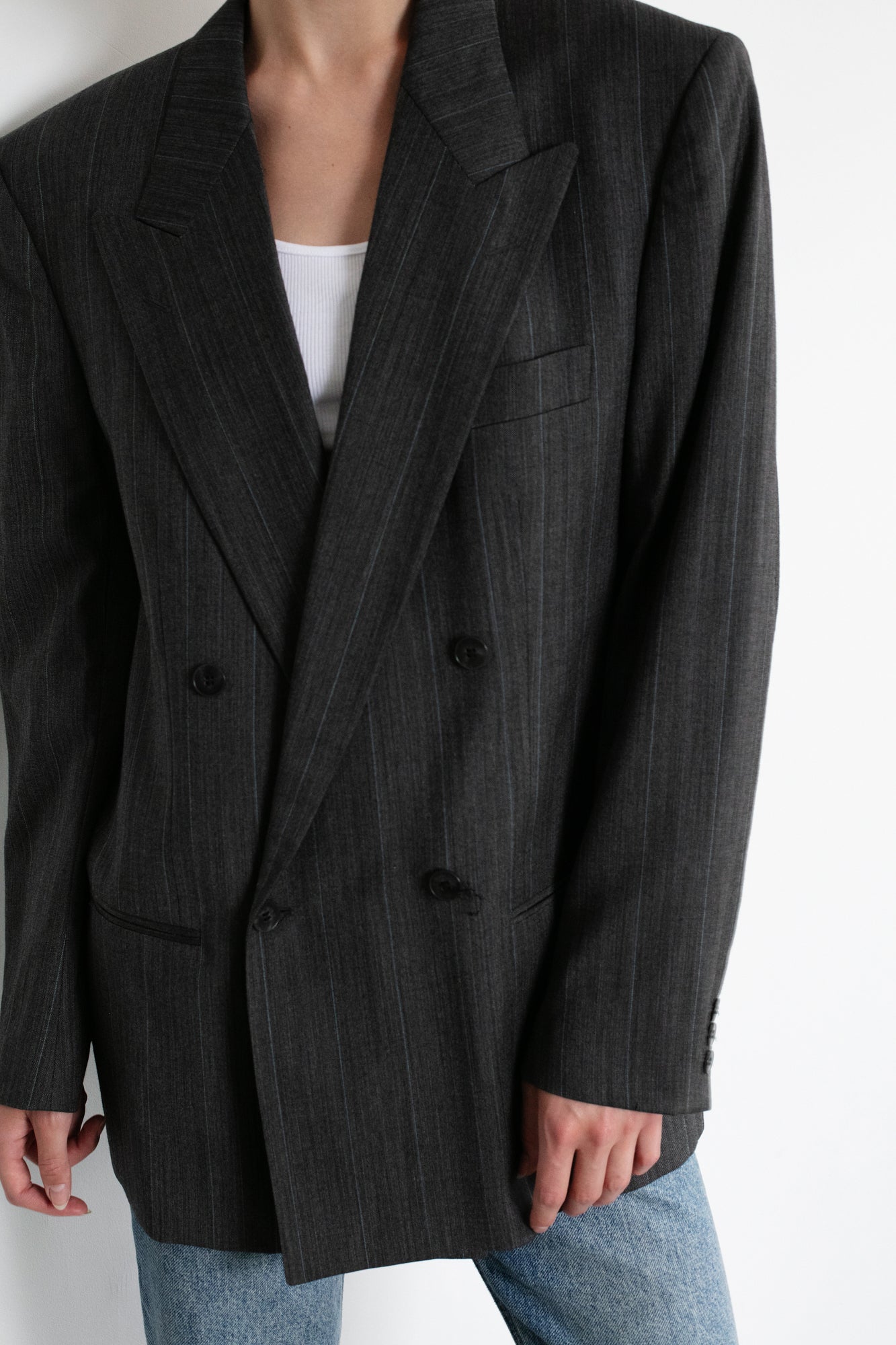 Vintage Hugo Boss Grey Striped Wool Blazer