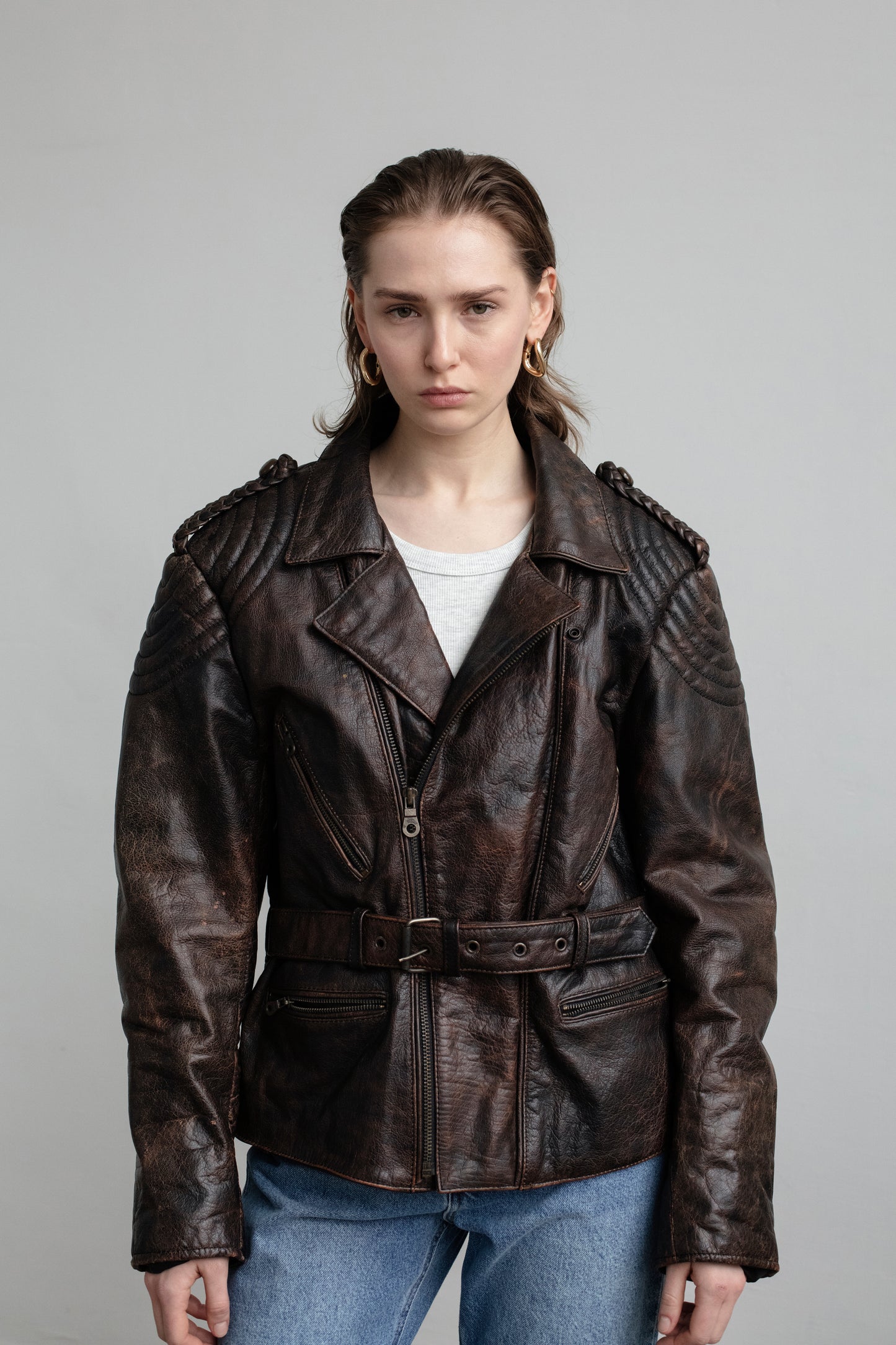 Vintage Brown Leather Biker Jacket