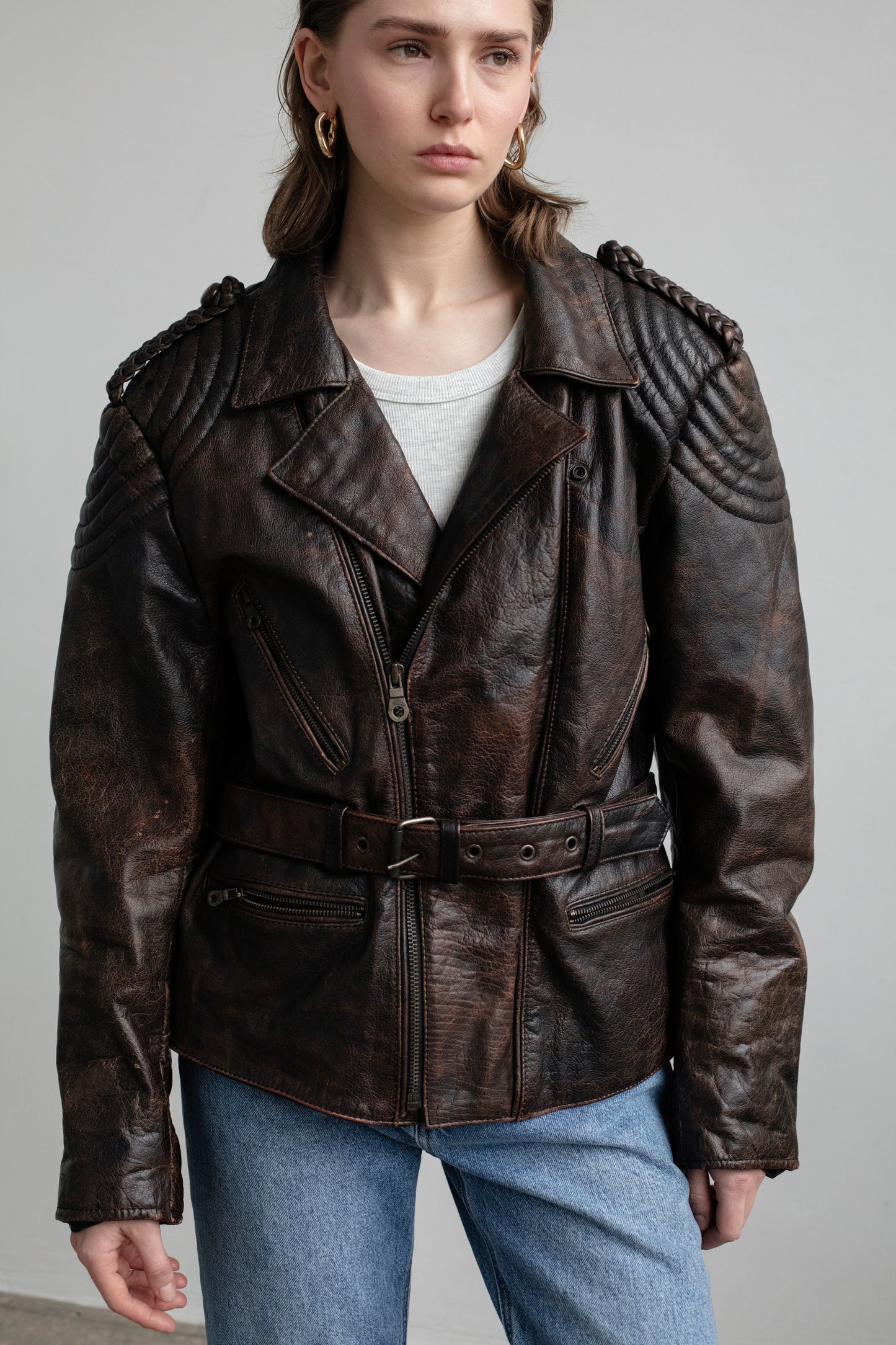 Vintage Brown Leather Biker Jacket