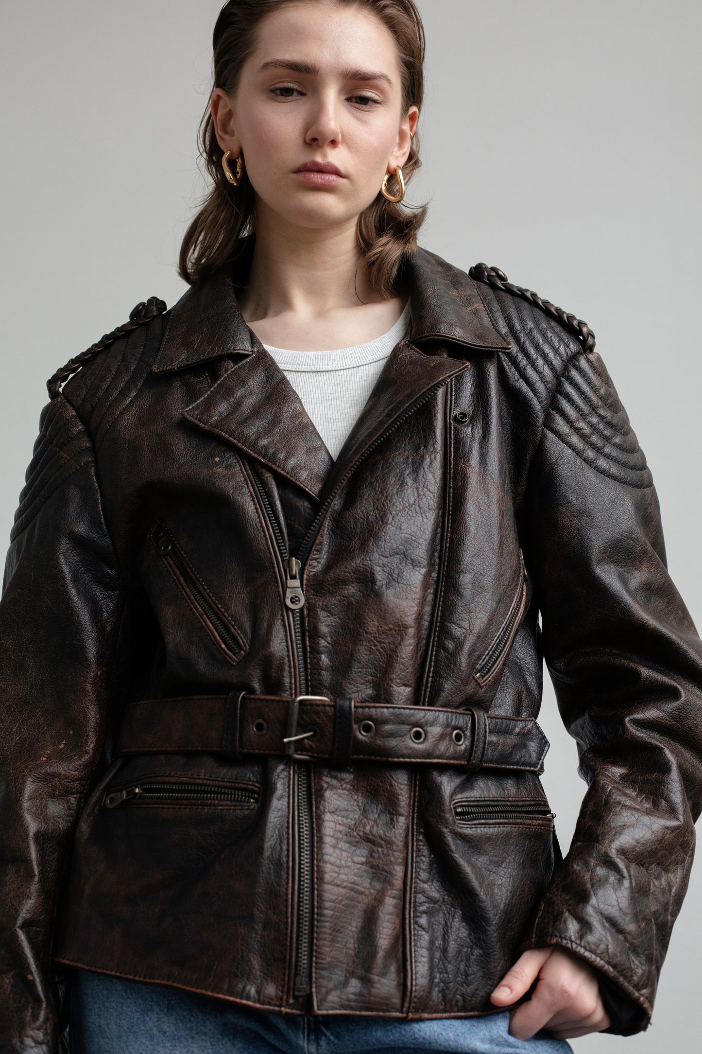 Vintage Brown Leather Biker Jacket