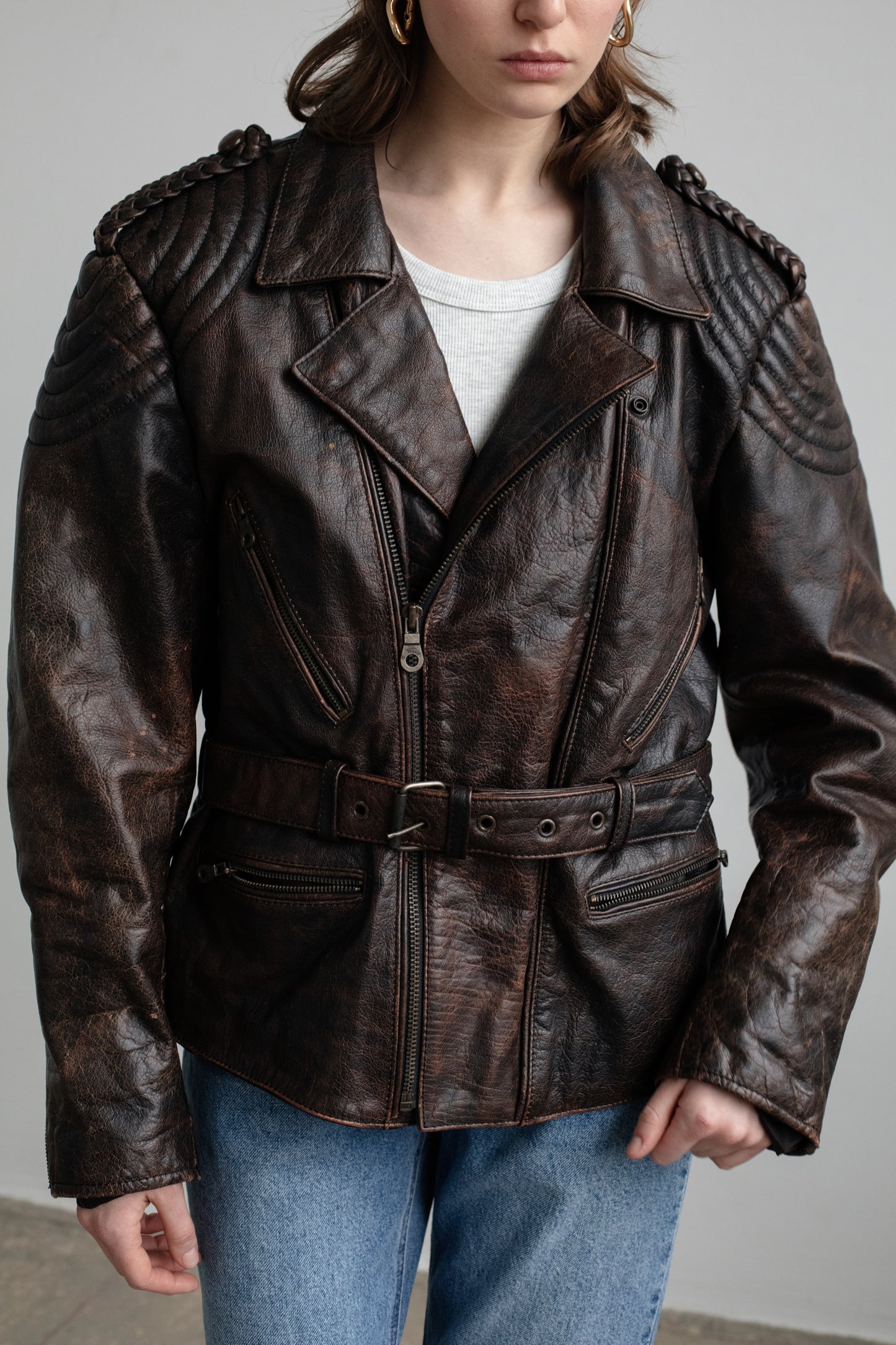 Vintage Brown Leather Biker Jacket