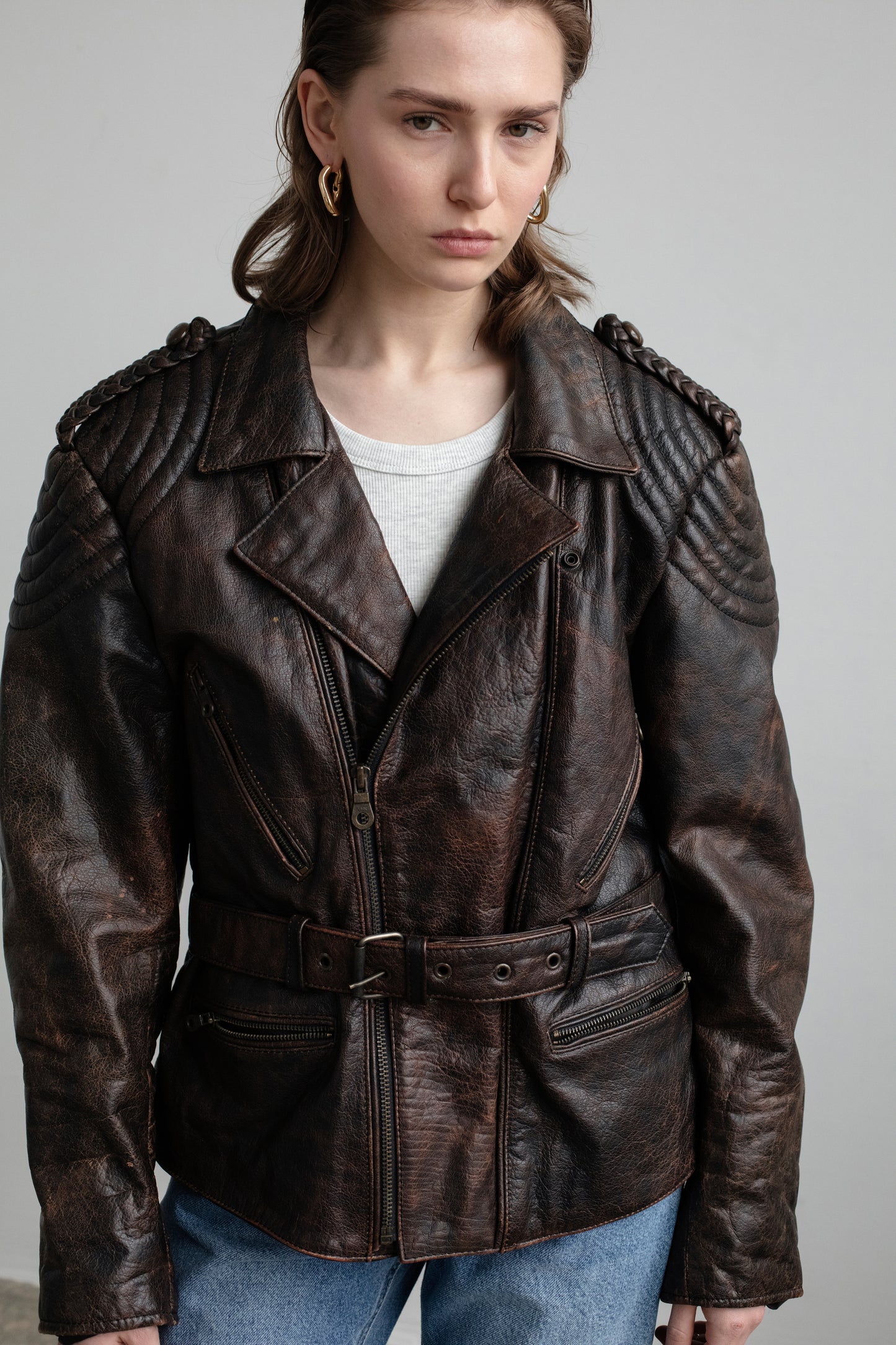 Vintage Brown Leather Biker Jacket