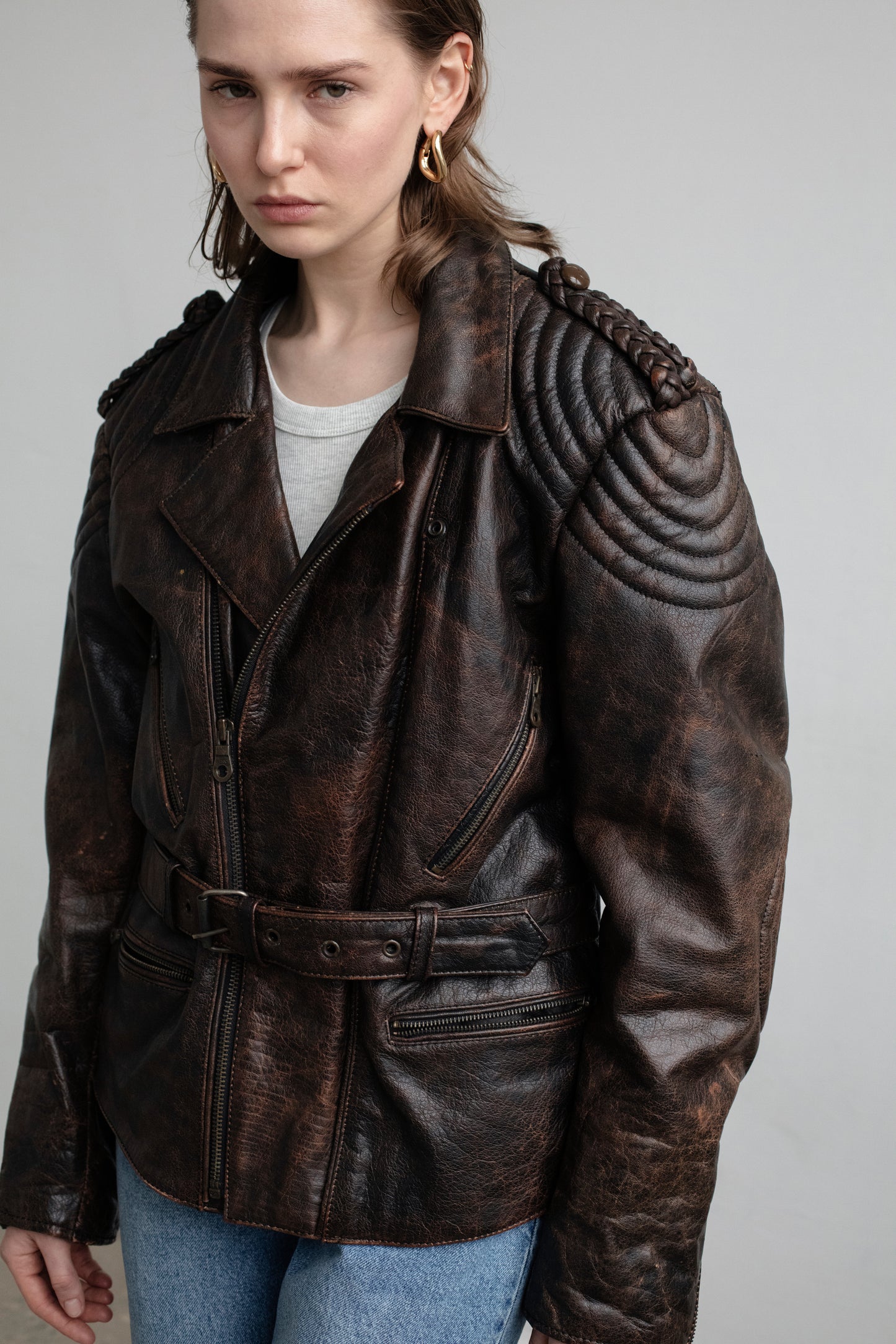 Vintage Brown Leather Biker Jacket