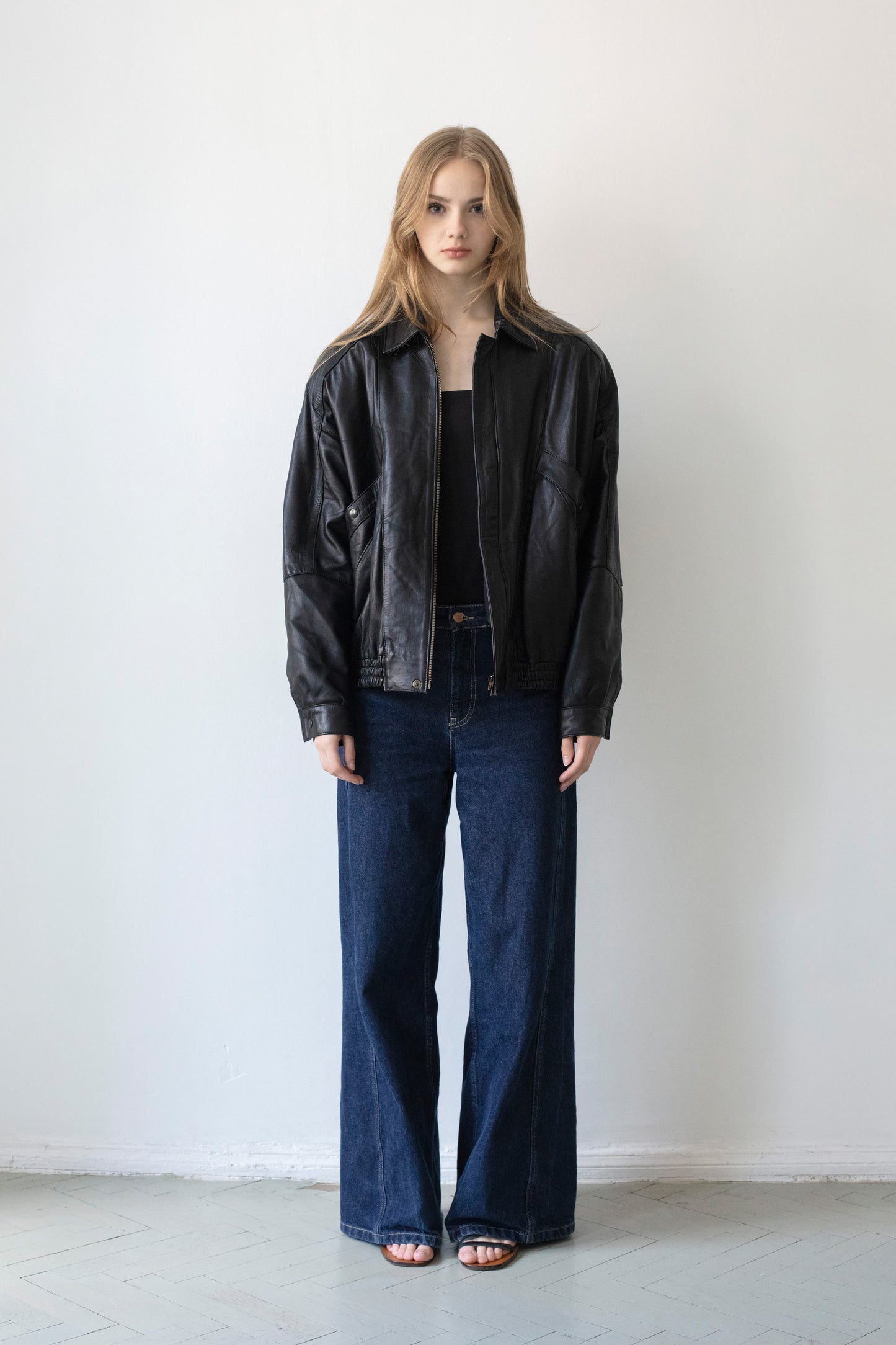 Vintage Black Leather Bomber Jacket