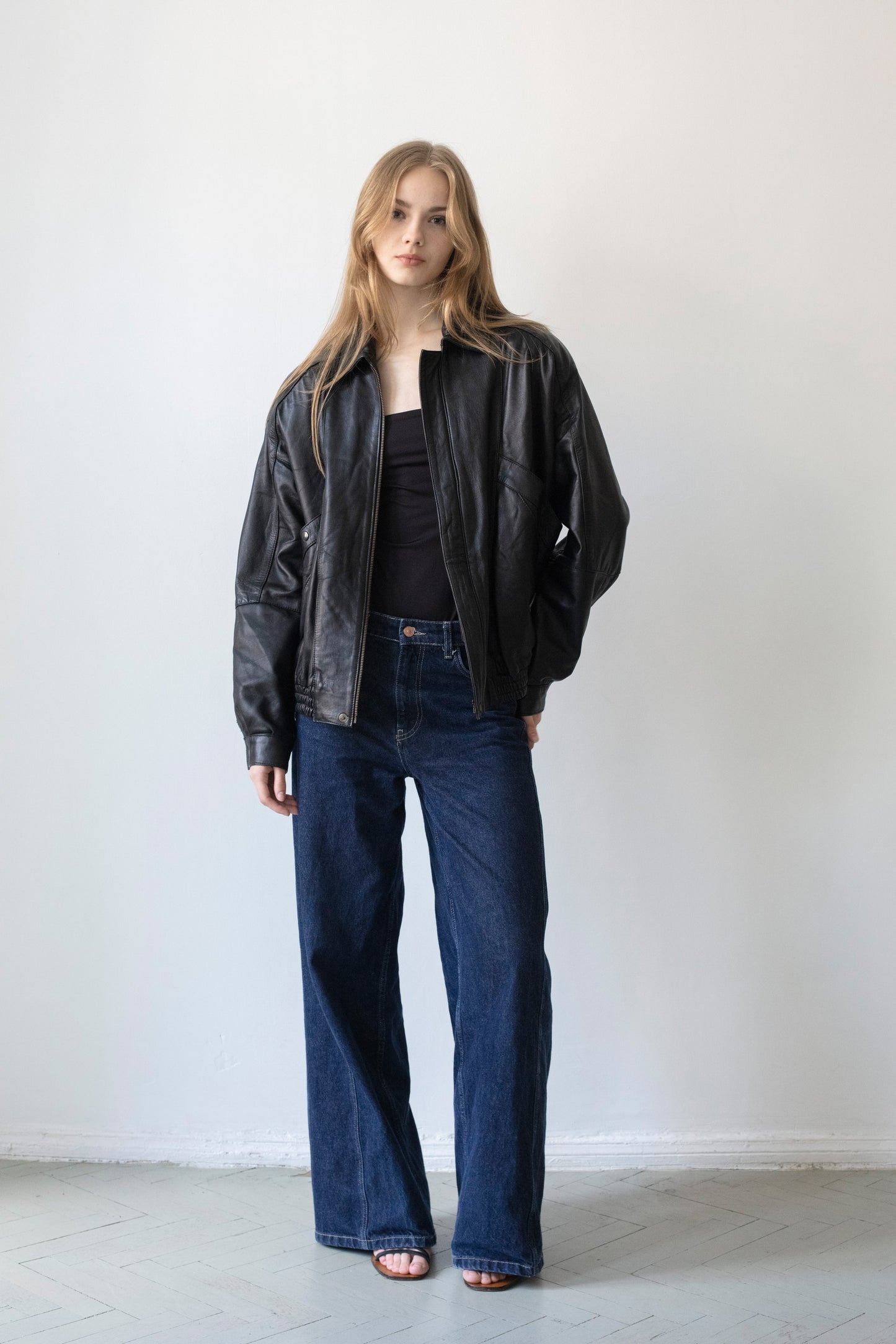 Vintage Black Leather Bomber Jacket