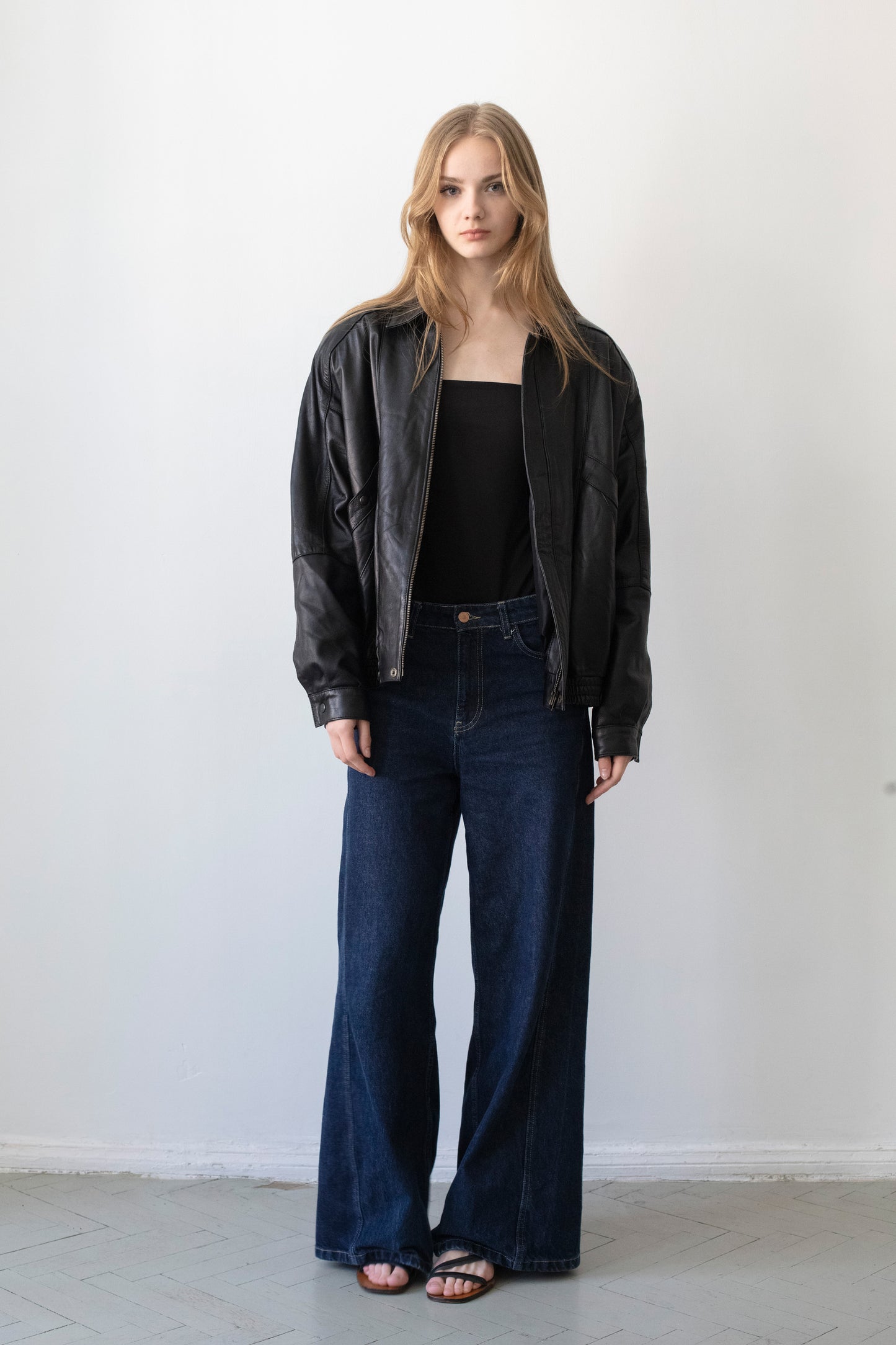 Vintage Black Leather Bomber Jacket