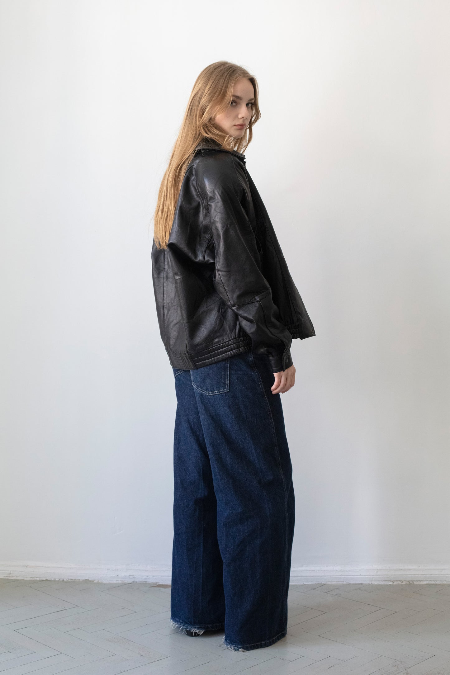 Vintage Black Leather Bomber Jacket