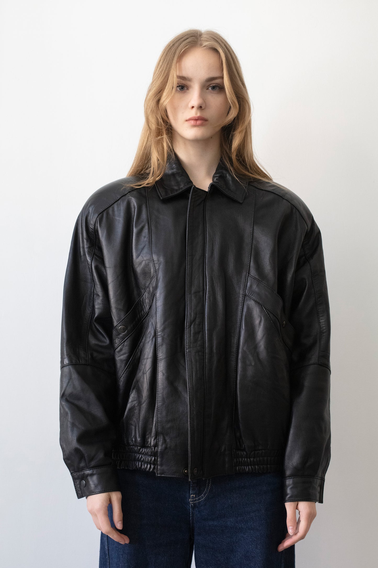 Vintage Black Leather Bomber Jacket