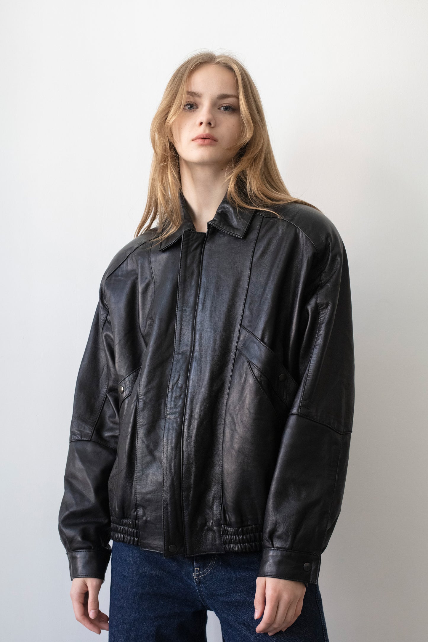 Vintage Black Leather Bomber Jacket