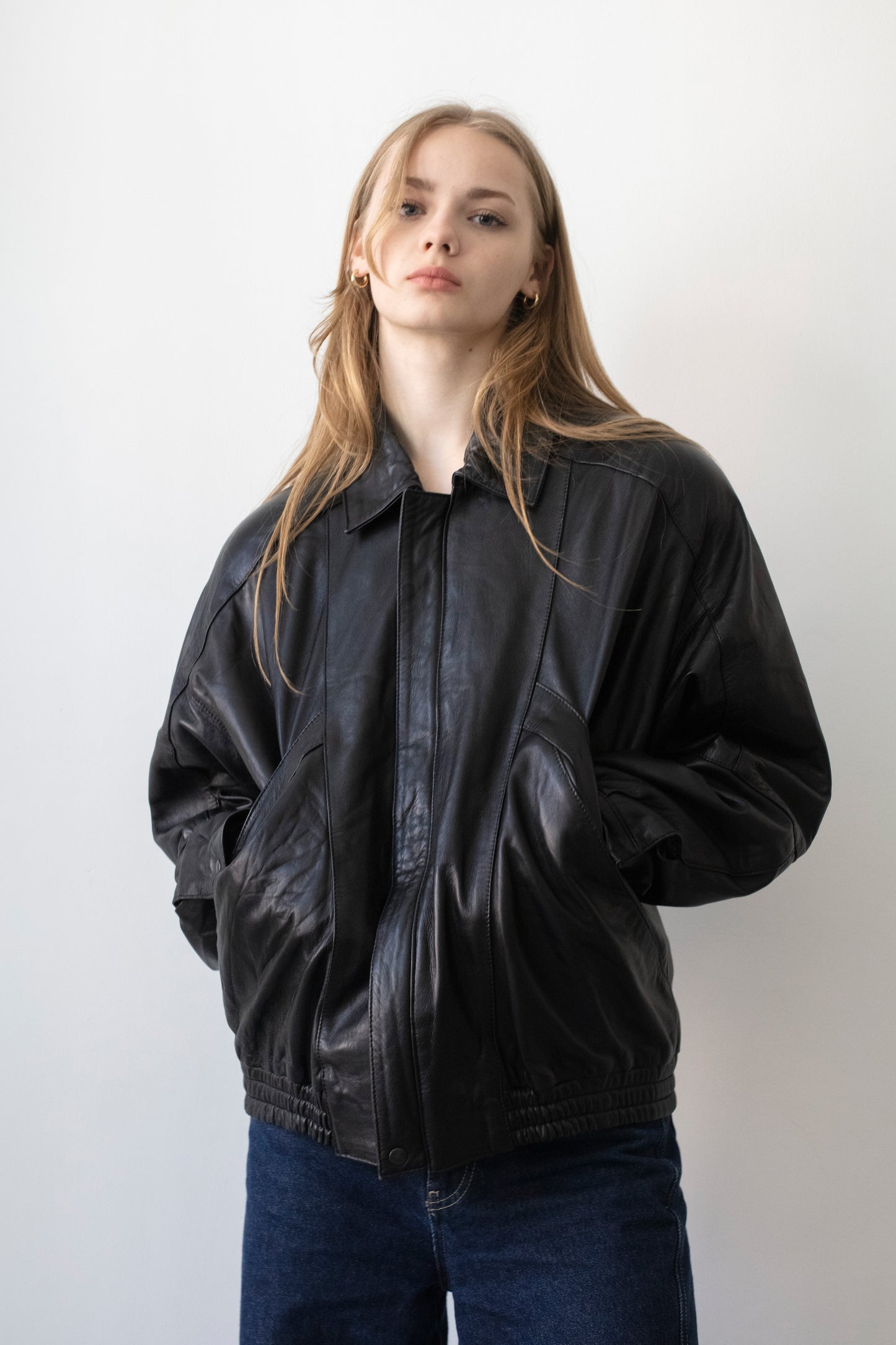 Vintage Black Leather Bomber Jacket