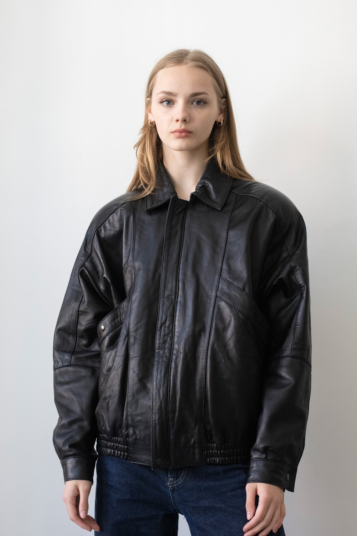 Vintage Black Leather Bomber Jacket