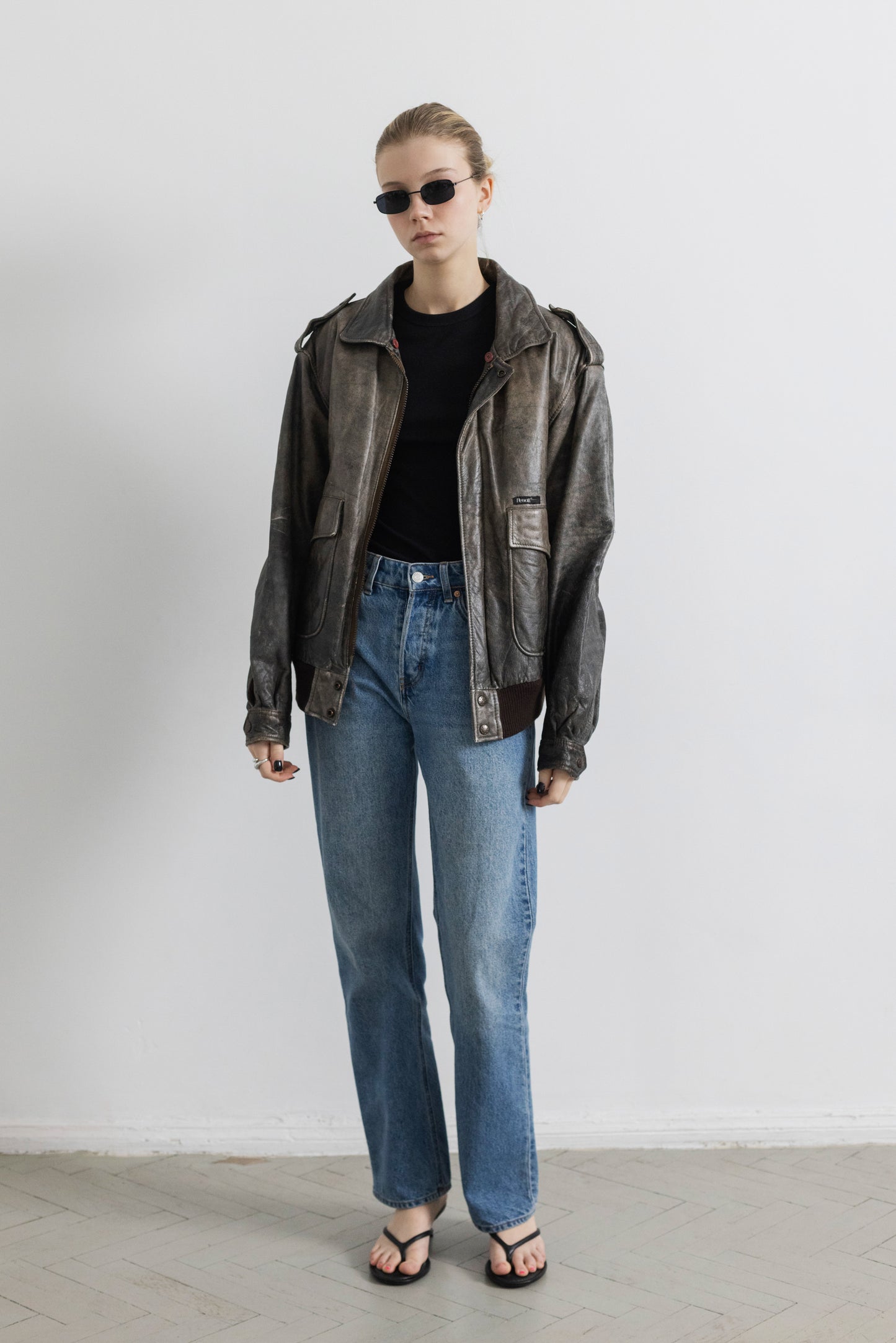 Vintage Distressed Leather Bomber Jacket