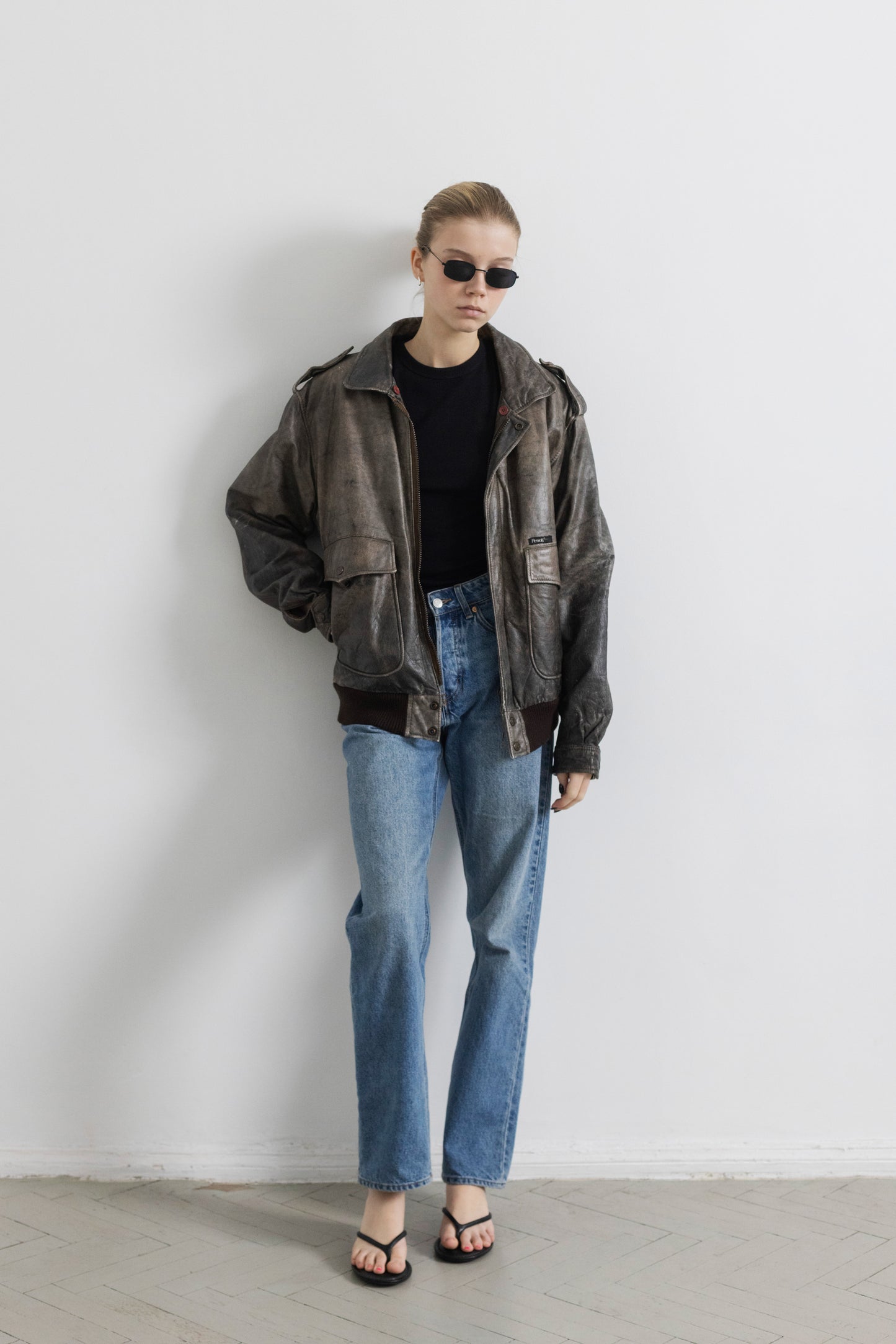 Vintage Distressed Leather Bomber Jacket