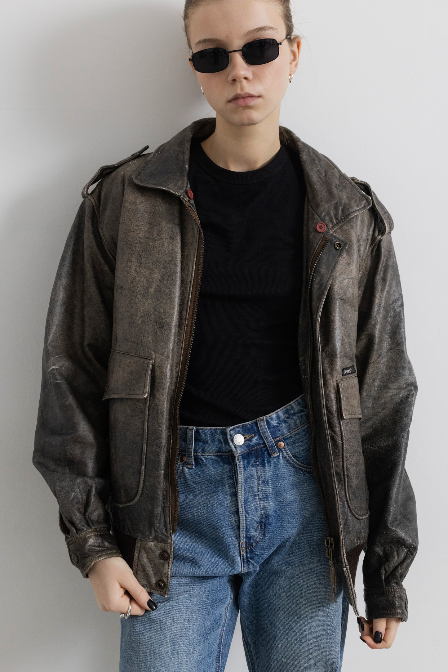 Vintage Distressed Leather Bomber Jacket