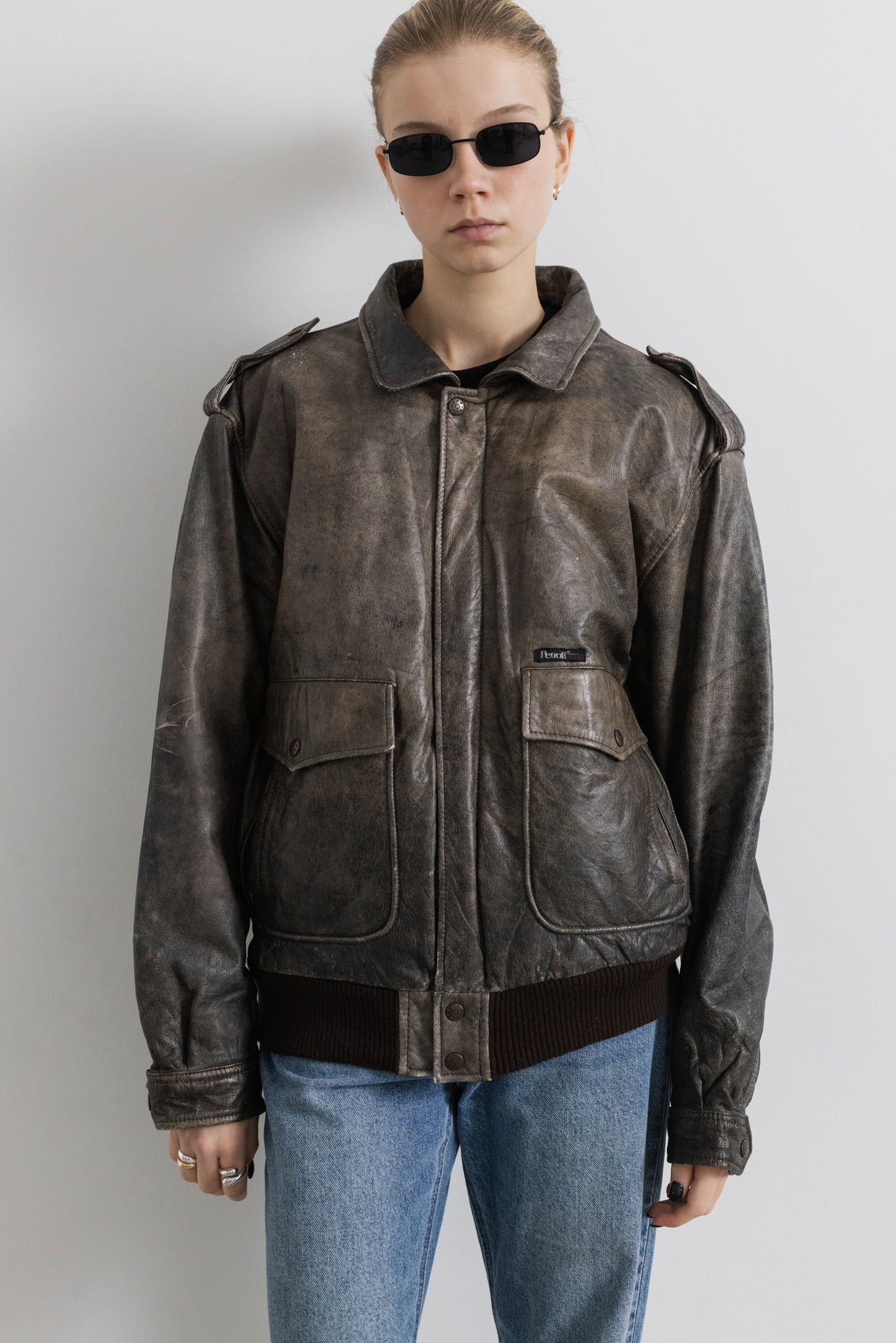 Vintage Distressed Leather Bomber Jacket