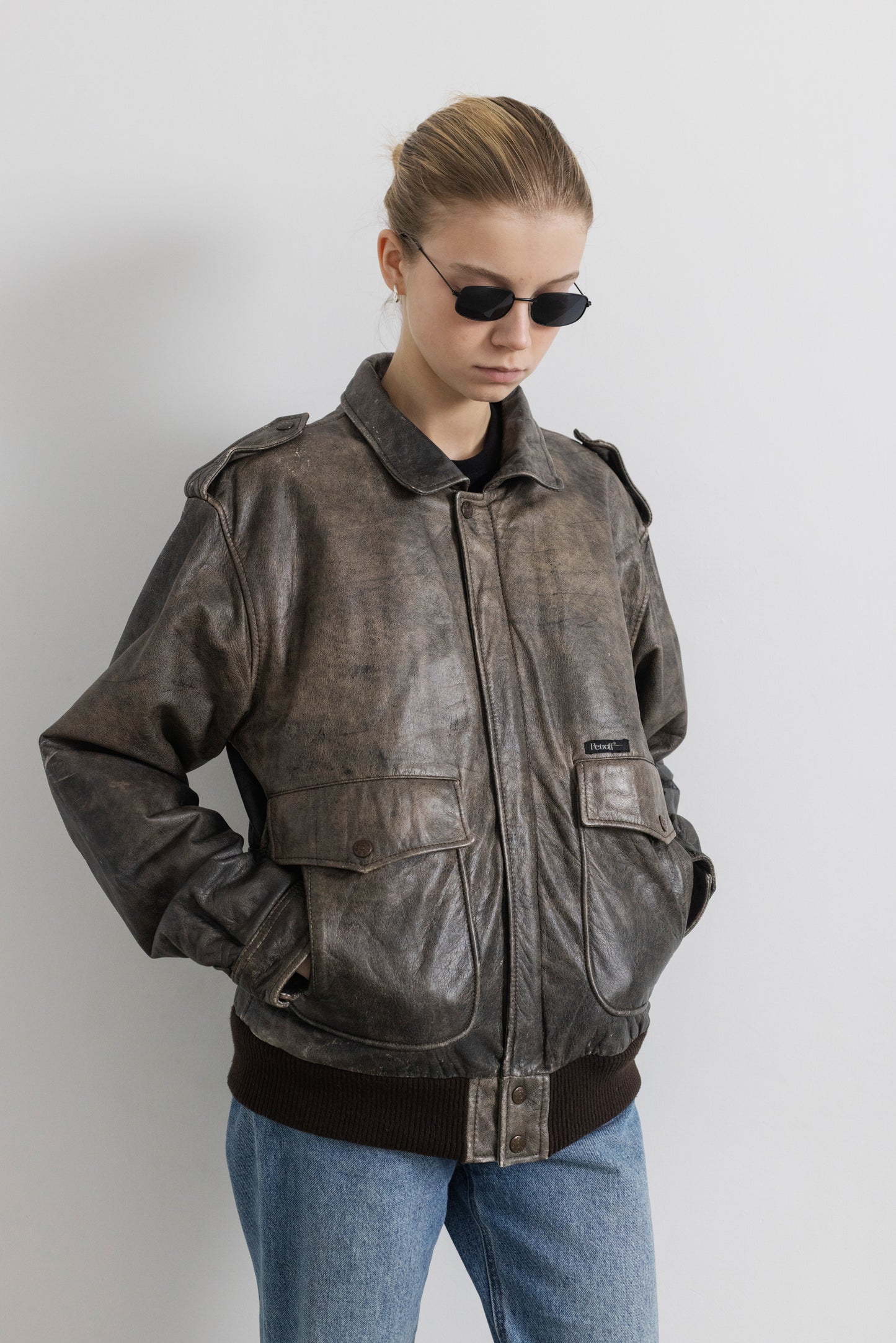 Vintage Distressed Leather Bomber Jacket