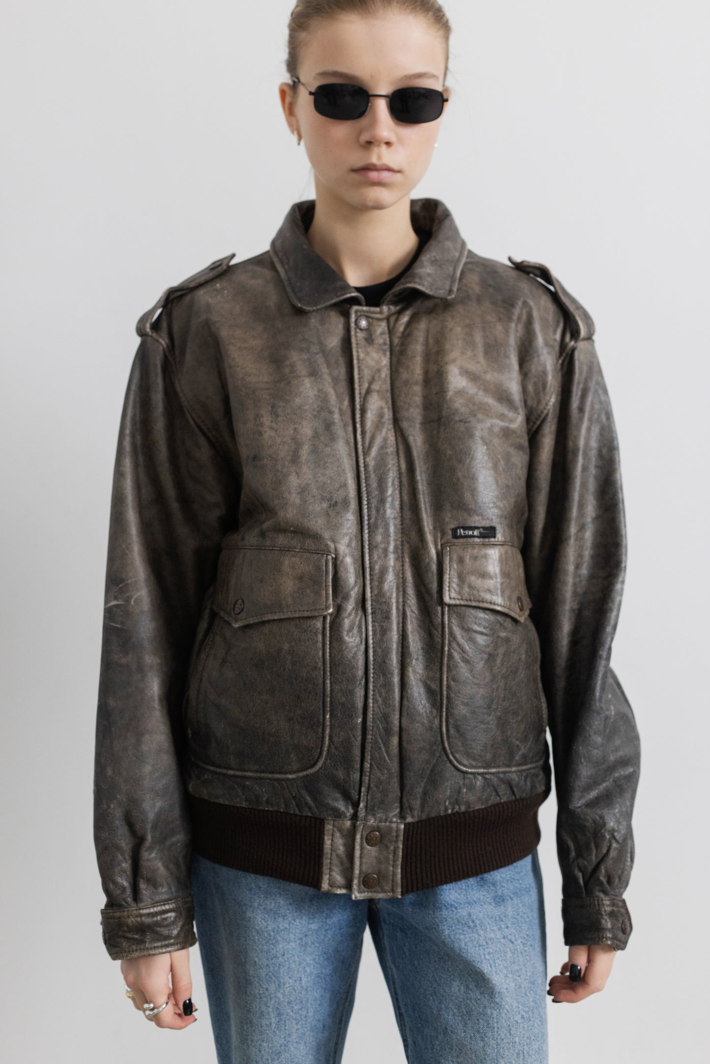 Vintage Distressed Leather Bomber Jacket